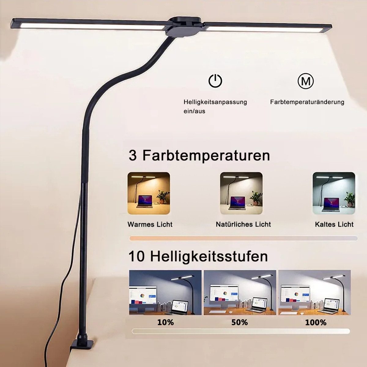 Luckice LED Schreibtischlampe Doppelkopf, weicher Schwanenhals, günstig online kaufen
