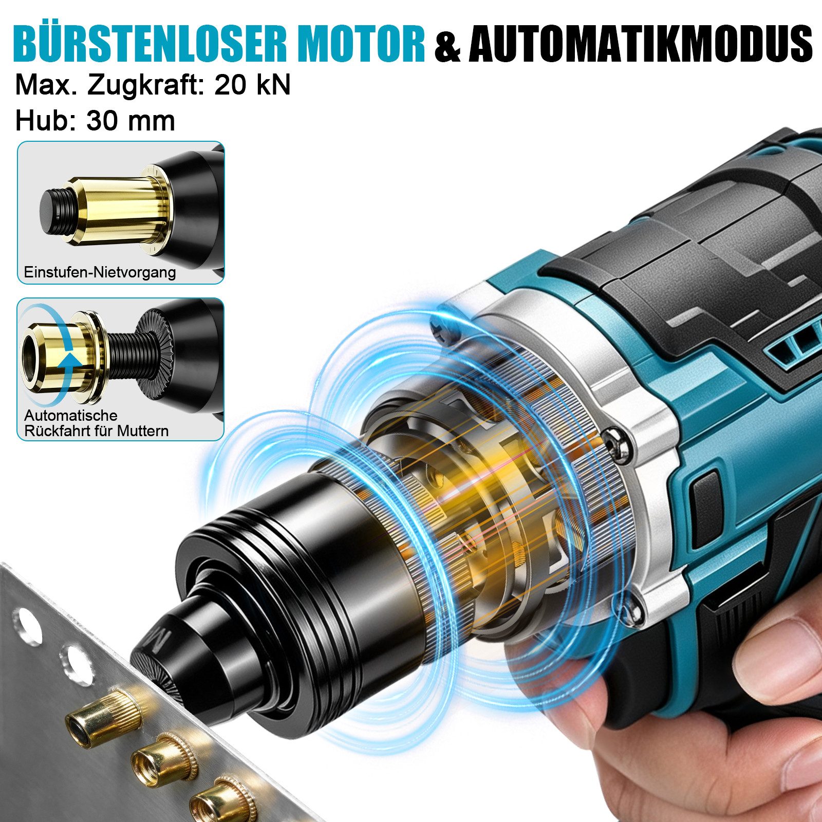 XERSEK Blindnietzange Akku Nietmutternzange Nietmutternpistole M4-M12 Dornen 2×4,0Ah Akku, 4496 lbs, 4 Gänge, 30 mm Hub, Bürstenloser Motor, für Blechbearbeitung & Automobilarbeiten