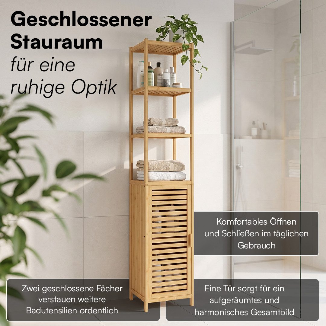 Bellamio Hochschrank Newa aus Bambus, Badezimmerschrank mit Ablage, lackiert (5 Fächer) Badezimmerschrank 165×33×33cm, verfügbar in verschiedenen Ausführungen – Bild 4 von 5