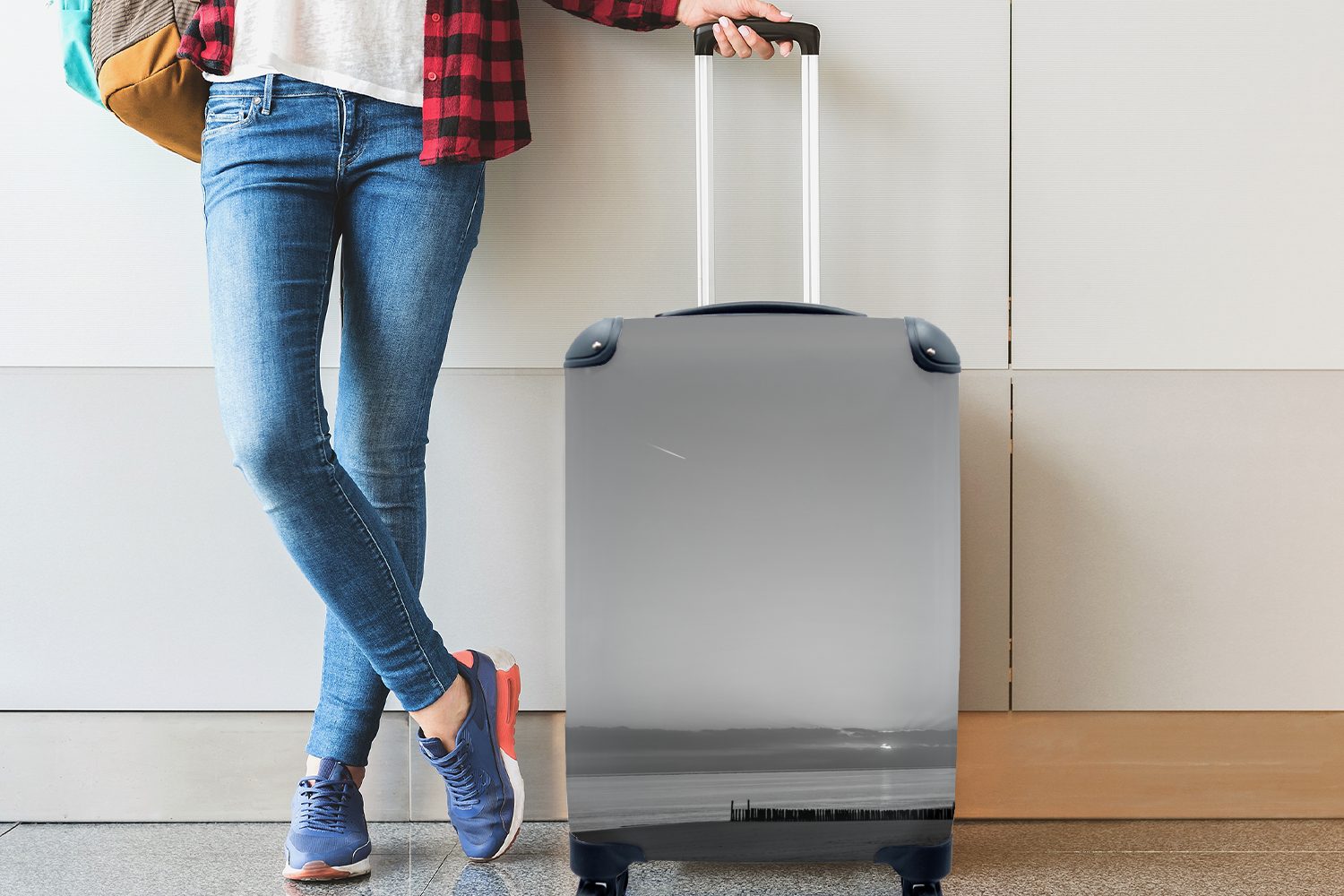 MuchoWow Handgepäckkoffer Sonnenuntergang am Strand von und Zoutelande - mit Rollen, Handgepäck Reisetasche rollen, für weiß, Ferien, Reisekoffer schwarz 4 Trolley