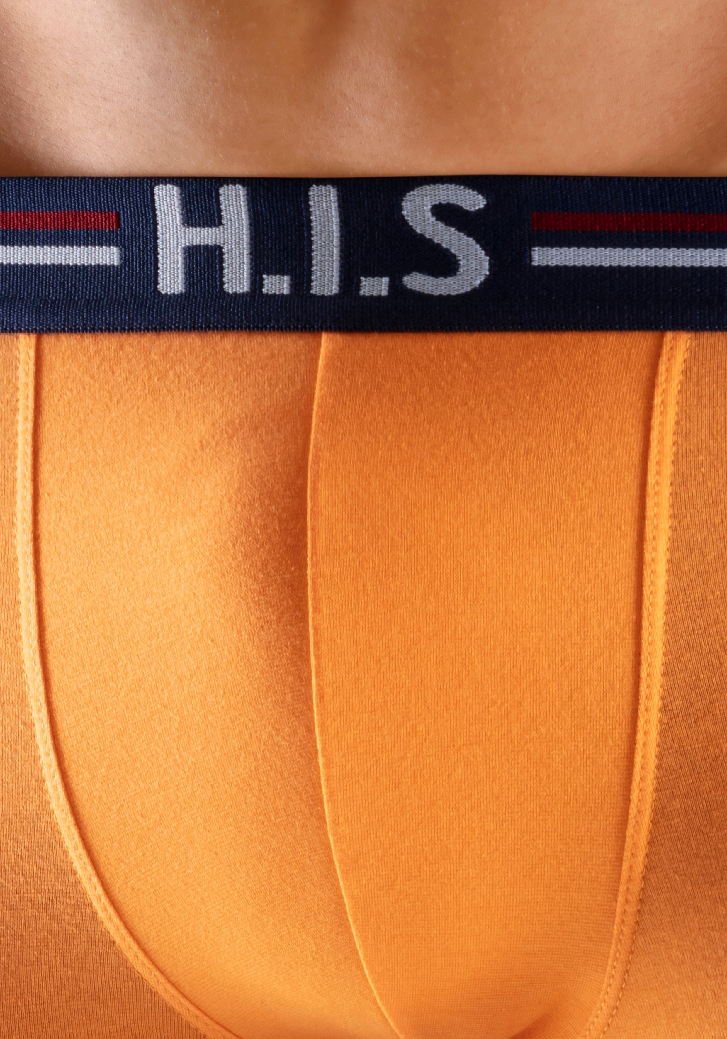 (Packung, orange, 5-St) Markenlogo Streifen und H.I.S schwarz in Boxershorts grau-meliert, mint, Hipster-Form im navy, mit Bund