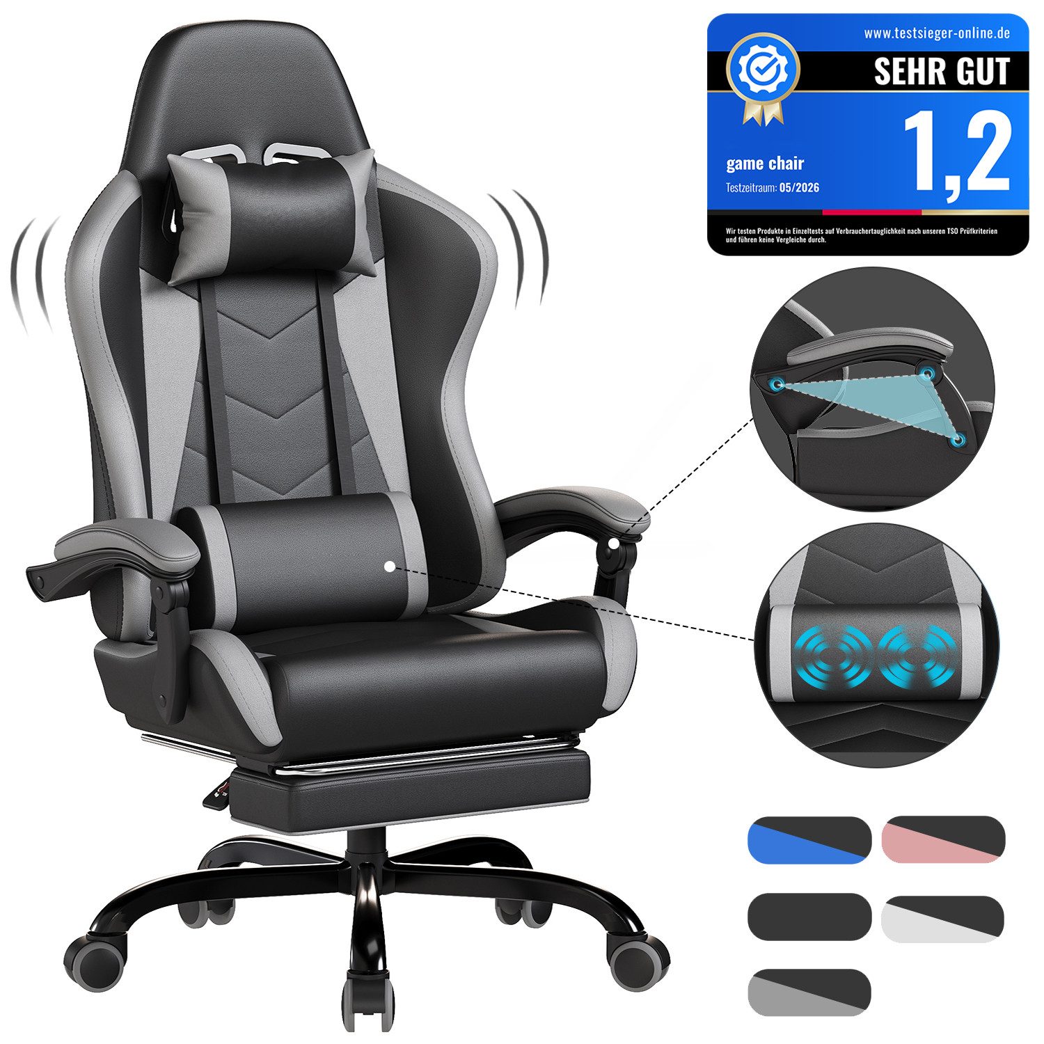 HOMALL Gaming-Stuhl Massage Gaming Stuhl mit Fußstütze 90-135° Rückenlehne einstellbar (Bürostuhl Ergonomisch,Verstellbarem Lenden- & Kopfkissen,mit Fußstütze)