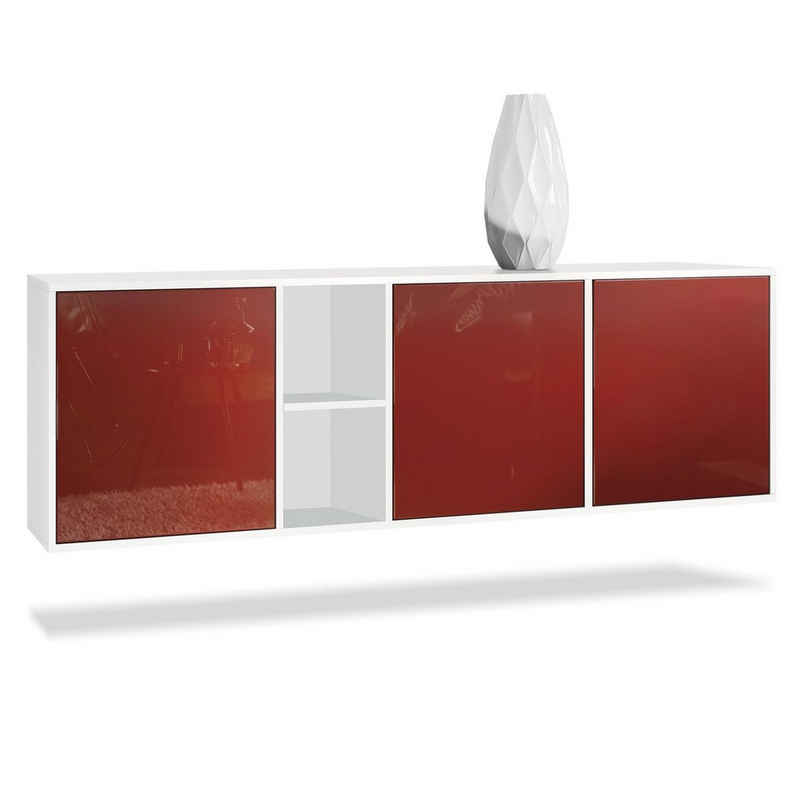 Vladon Sideboard Cuba (Kommode, mit 3 Türen und 2 offene Fächer), Weiß matt/Bordeaux Hochglanz (182 x 53 x 35 cm)