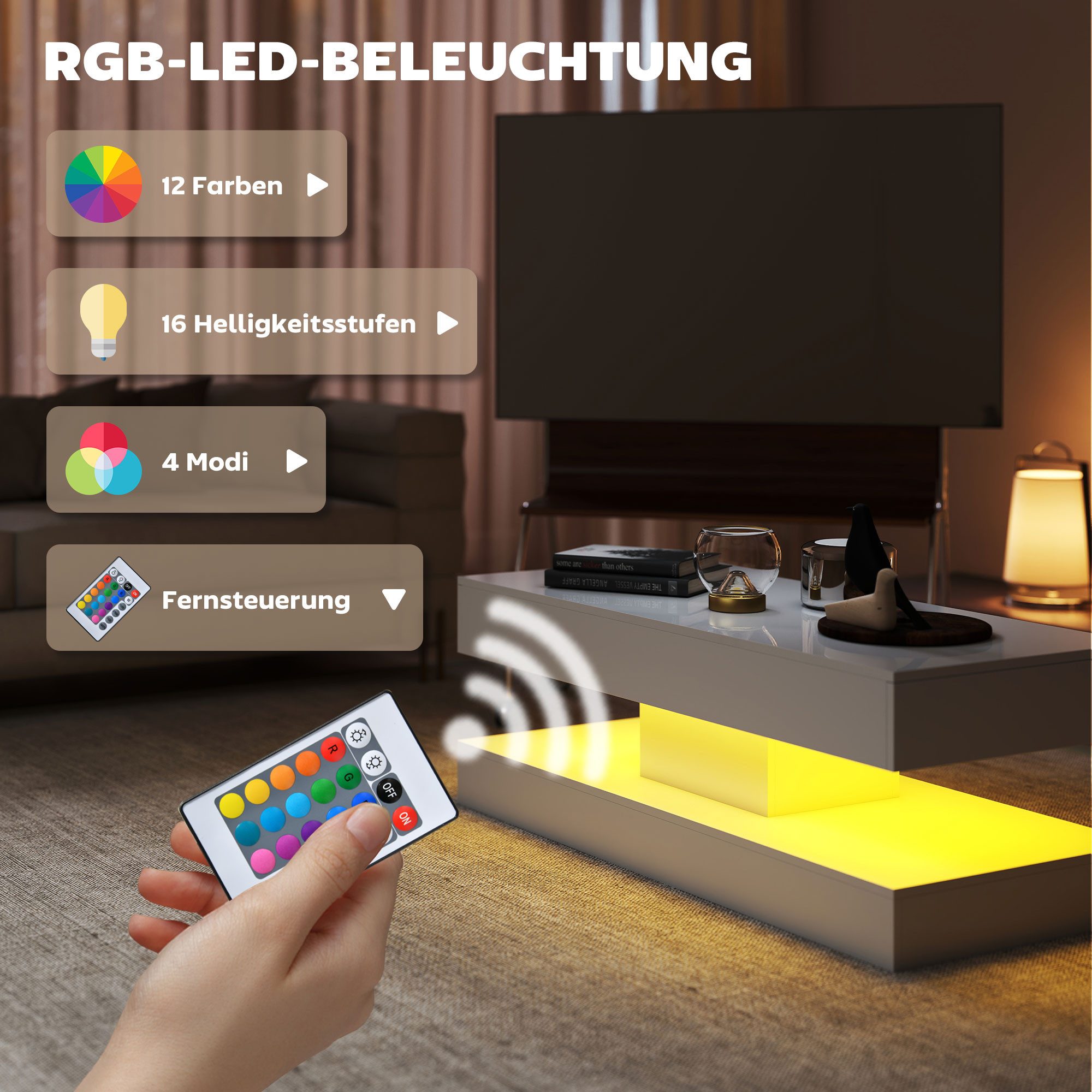 HOMCOM Couchtisch Hochglanz mit 12-Farbiger LED Beleuchtung mit 2 Schublade (Wohnzimmertisch, 1-St., Modern Beistelltisch), Kaffeetisch für Wohnzimmer 120 x 50  – Bild 4 von 5