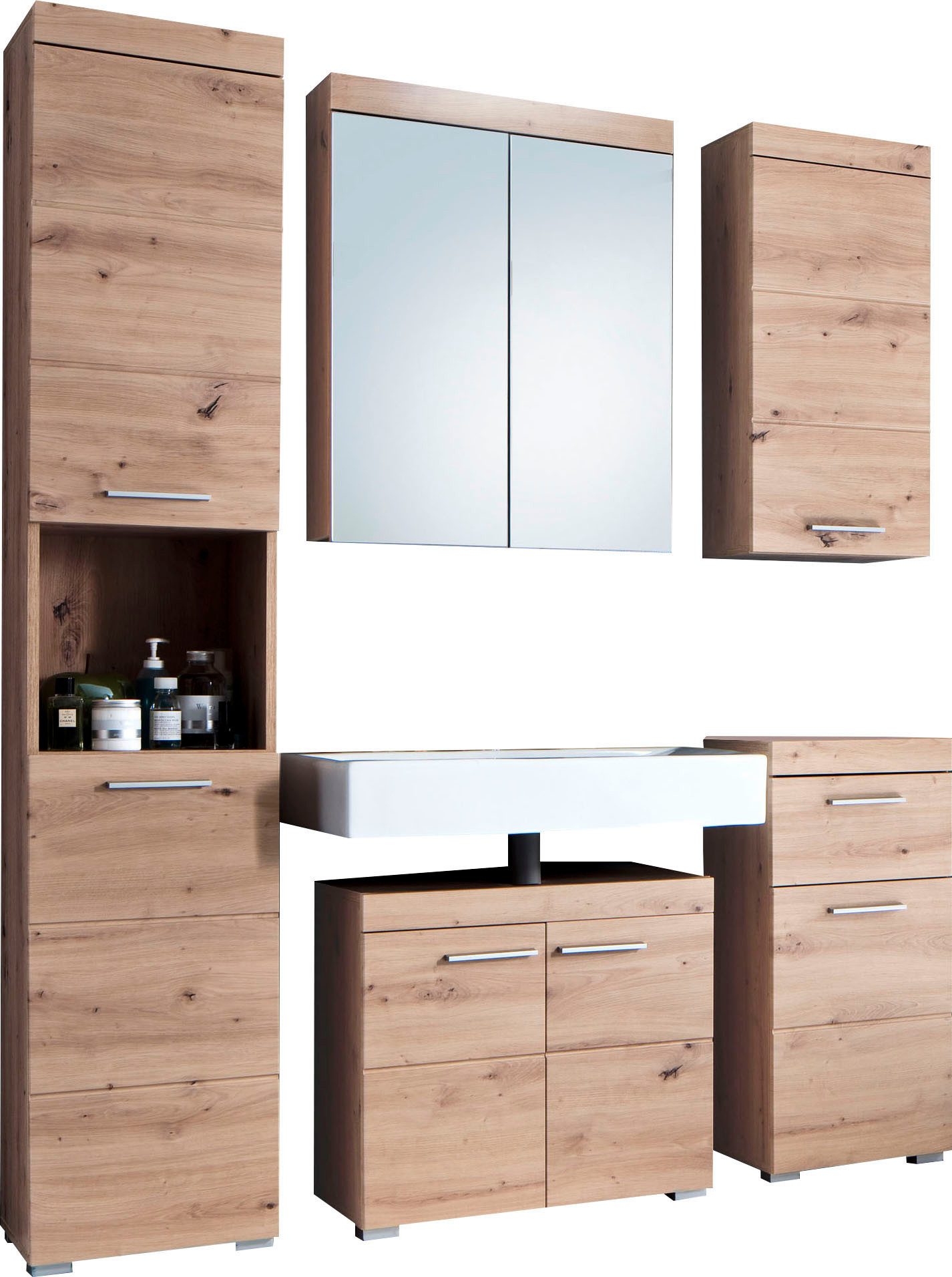 welltime Badmöbel-Set Avena, (Set, 5-St), Hochschrank, WBU, Spiegelschrank, Kommode, Hängeschrank u. Beleuchtung
