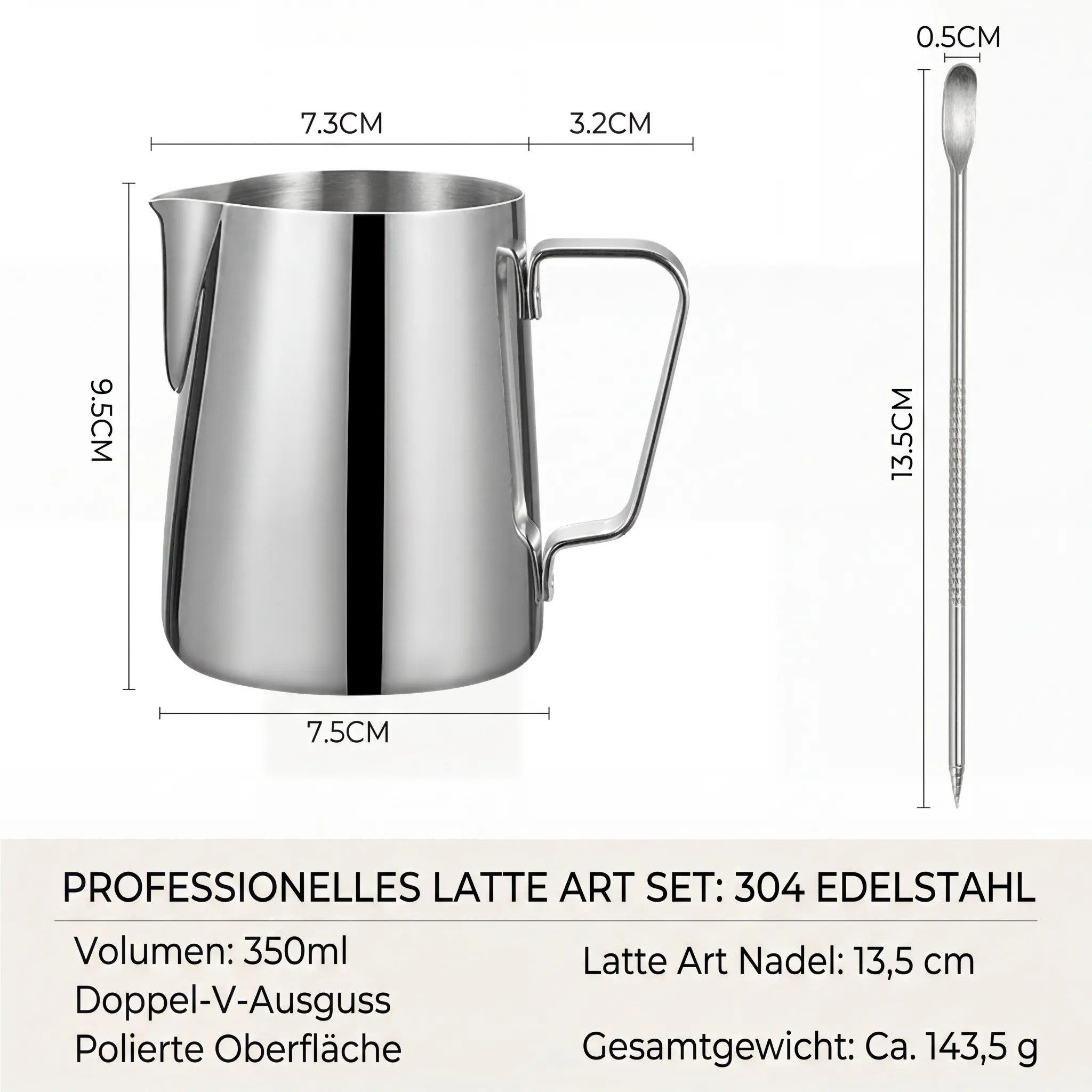 JASLIFE Milchkännchen Barista Edelstahl 350/600 ml mit Skala & Latte-Art-Stift, 0.35 l, Edelstahl, mit Skala, inklusive Latte Art Stift, rostfrei