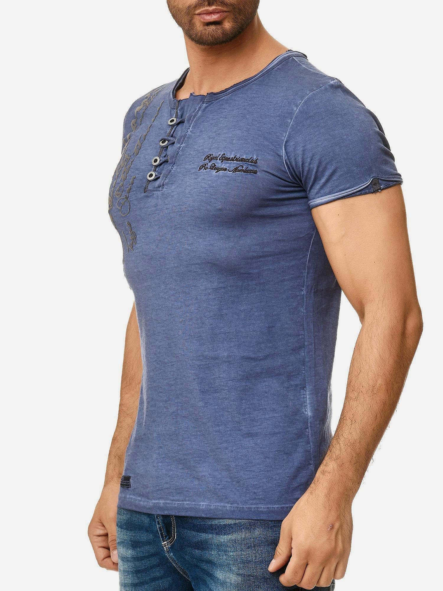 in offenem navy Tazzio Look Used T-Shirt mit dezentem Kragen 4050-1 Rundhalsshirt und Ölwaschung