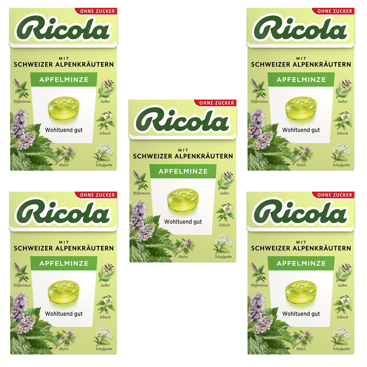 RICOLA Süßigkeit, Ricola Apfelminze ohne Zucker im Böxli mild frisch 50g 5er Pack