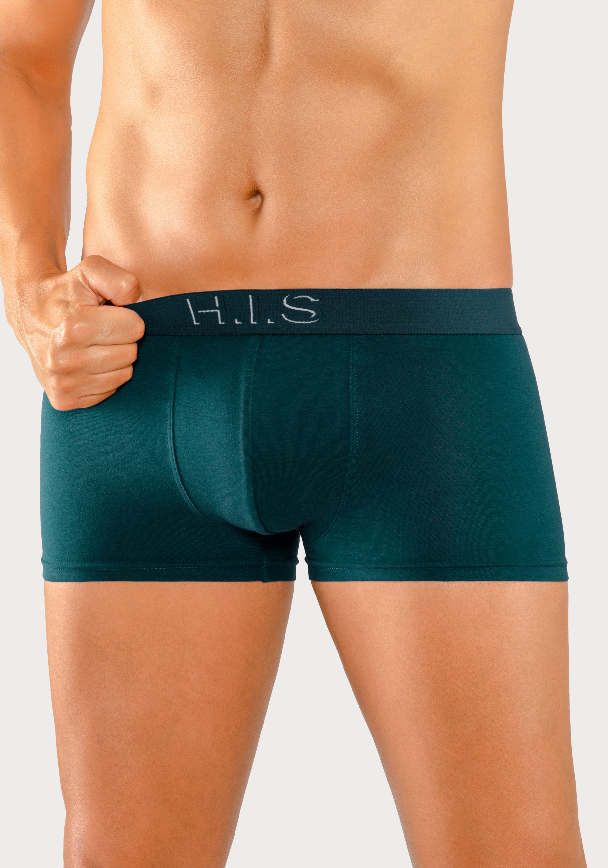 H.I.S Boxershorts (Packung, 5-St) navy Webbund in bordeaux, petrol, schwarz, mit Effekt olivgrün, Hipster-Form Logoschriftzug 3D am mit