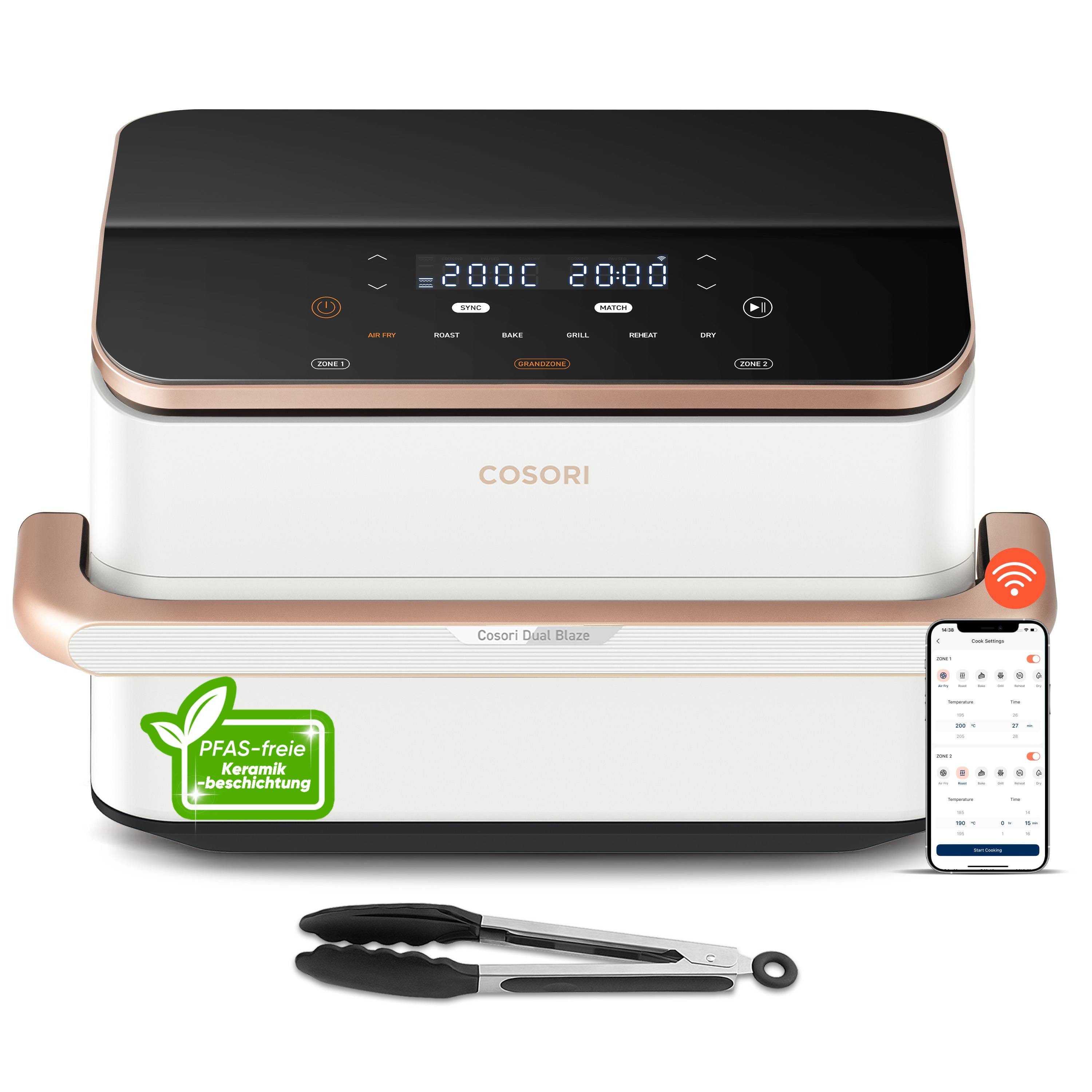 Cosori Heißluftfritteuse DualBlaze TwinFry CAF-TF101S, 10L Airfryer, 2 Kammern mit herausnehmbarem Trenner, 2800 W, 45 % sparsamer, Online-Rezepte, WiFi, 6-in-1, Keramikbeschichtung