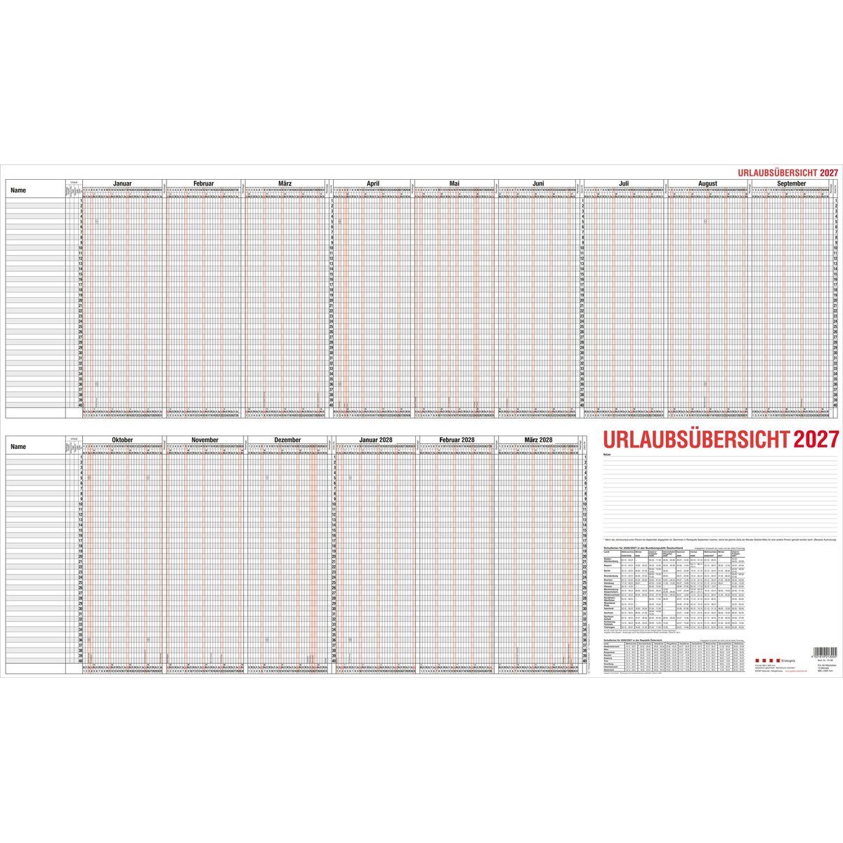GÜSS Kalender Jahresplaner Urlaubsübersicht 100x60cm für 40 Mitarbeiter Kalendarium 2027