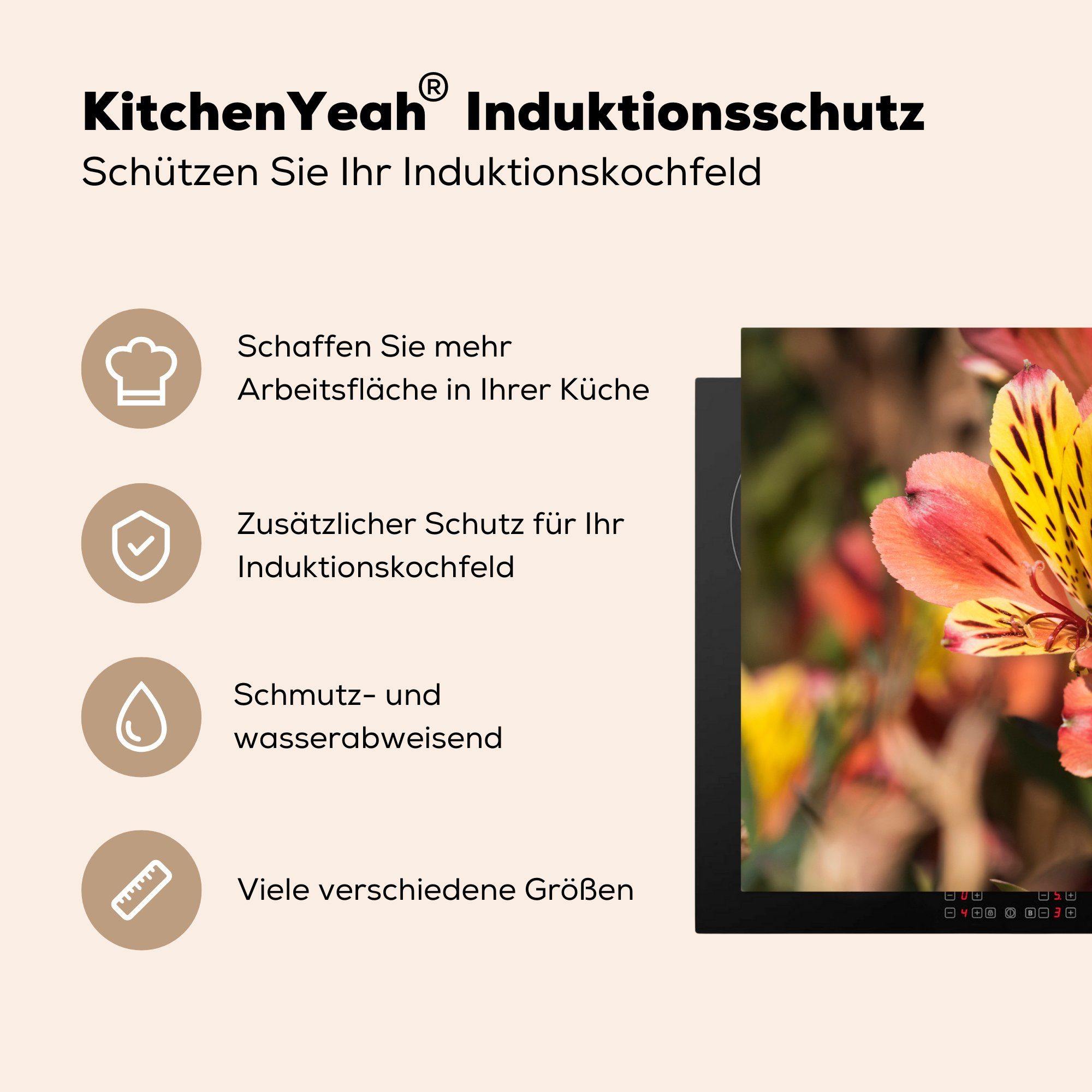 (1 Alstroemeria MuchoWow Herdblende-/Abdeckplatte küche, für Schutz tlg), 81x52 Induktionskochfeld Variante Ceranfeldabdeckung in Summer, cm, Vinyl, die 'Indian der