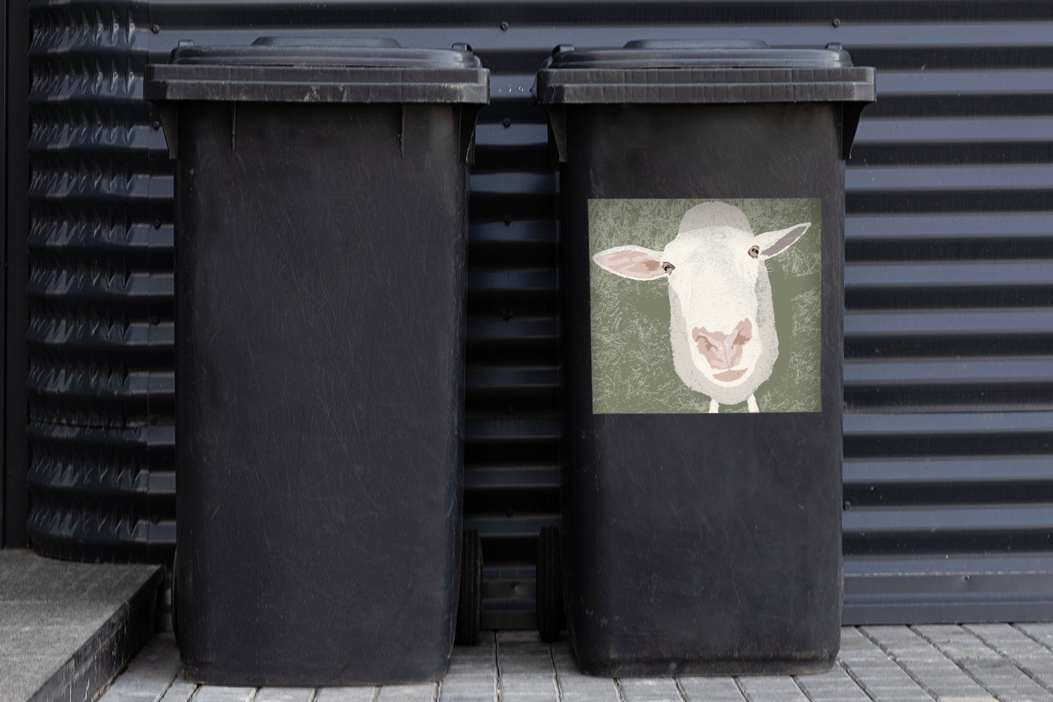 das eines nach Abfalbehälter Wandsticker St), (1 Schafes, MuchoWow Illustration Mülltonne, Mülleimer-aufkleber, oben Eine Container, Sticker, schaut