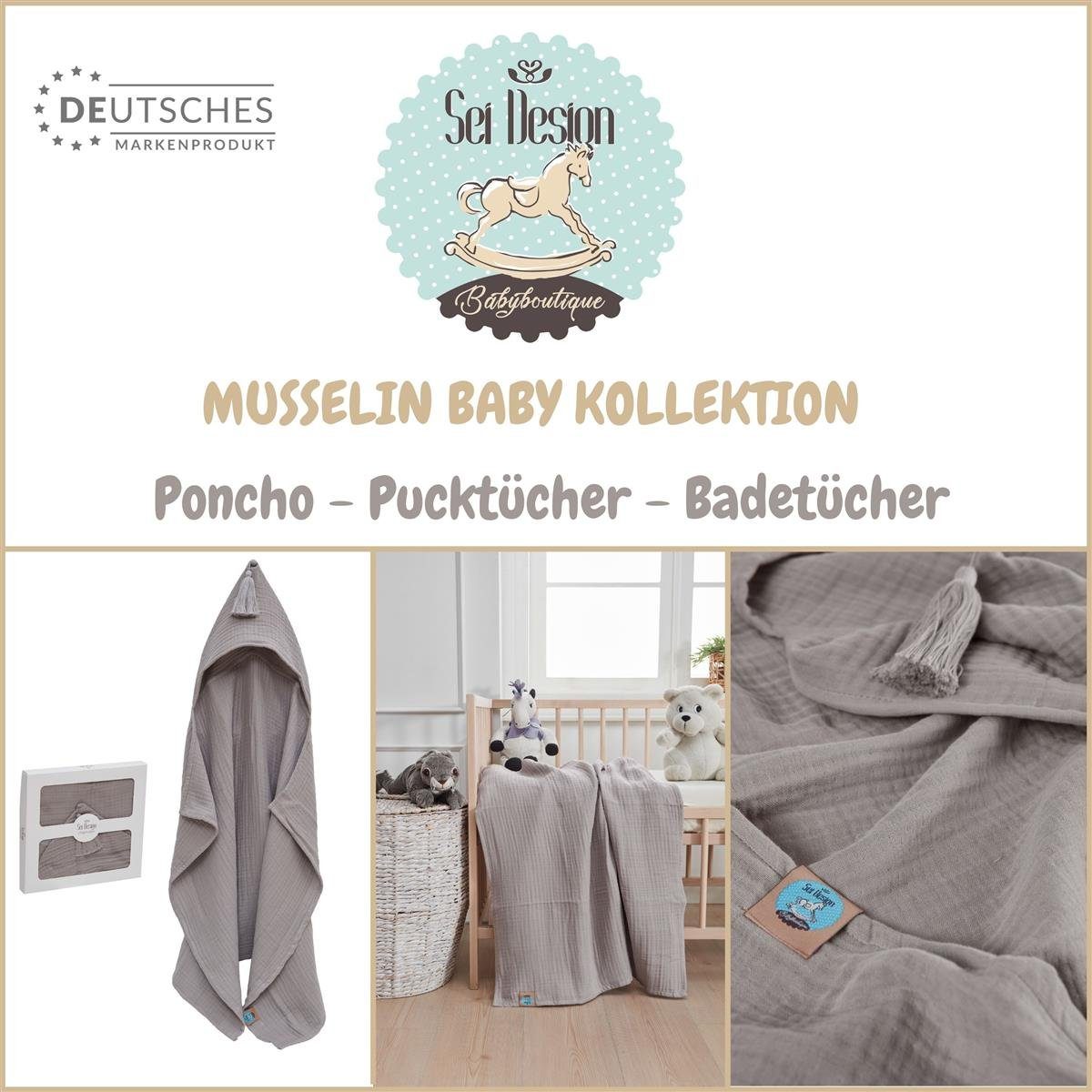 BIO Kapuzenhandtuch Musselin 75x100 Baby-Badeponcho - 100% BIO Baumwolle 4-lagig SEI cm, Musselin (1-St), Design stone-grey