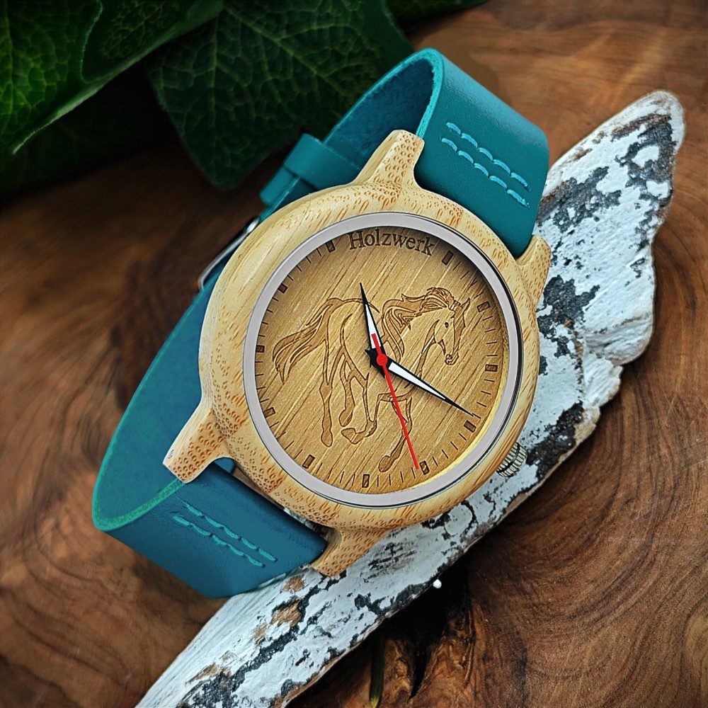 Holzwerk Quarzuhr TORI BLUE Damen Leder & Holz Uhr mit Pferd Motiv, türkis blau, beige