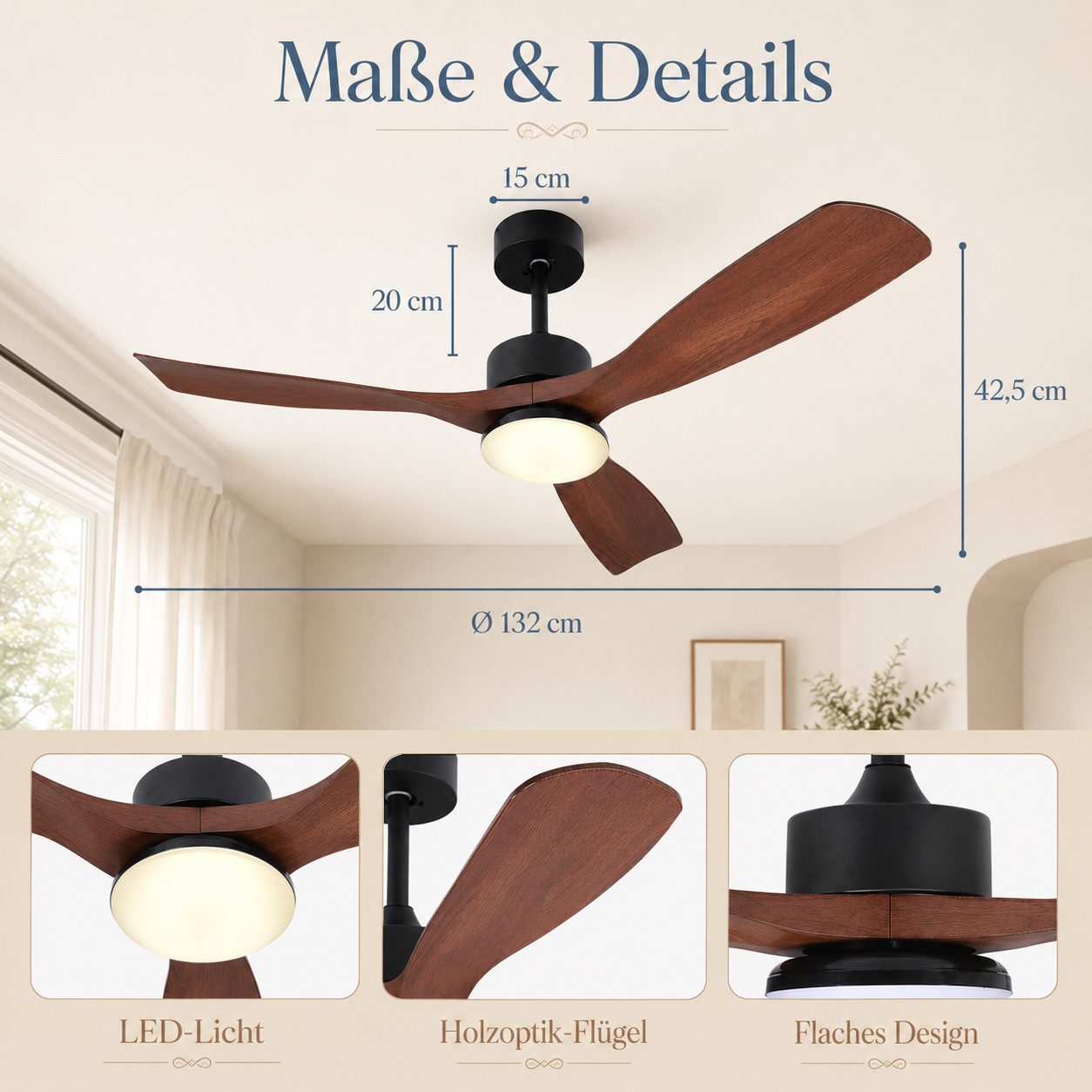 Sunicol Deckenventilator mit Beleuchtung, Dimmbar, 6 Windgeschwindigkeit, mit Fernbedienung&APP, 132 cm, Leise DC Motor, Timer, 3 Farbtemperaturen für Schlafzimmer