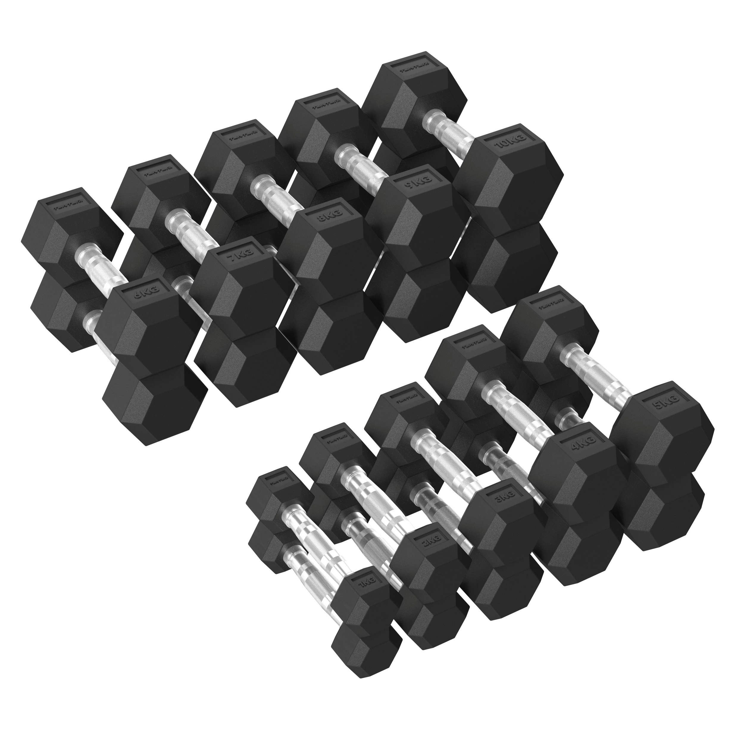 Tunturi Dumbbell Platinum Hexa Gummi-Hantelsets - (10 Sets - 1 bis 10 kg) - Schwarz