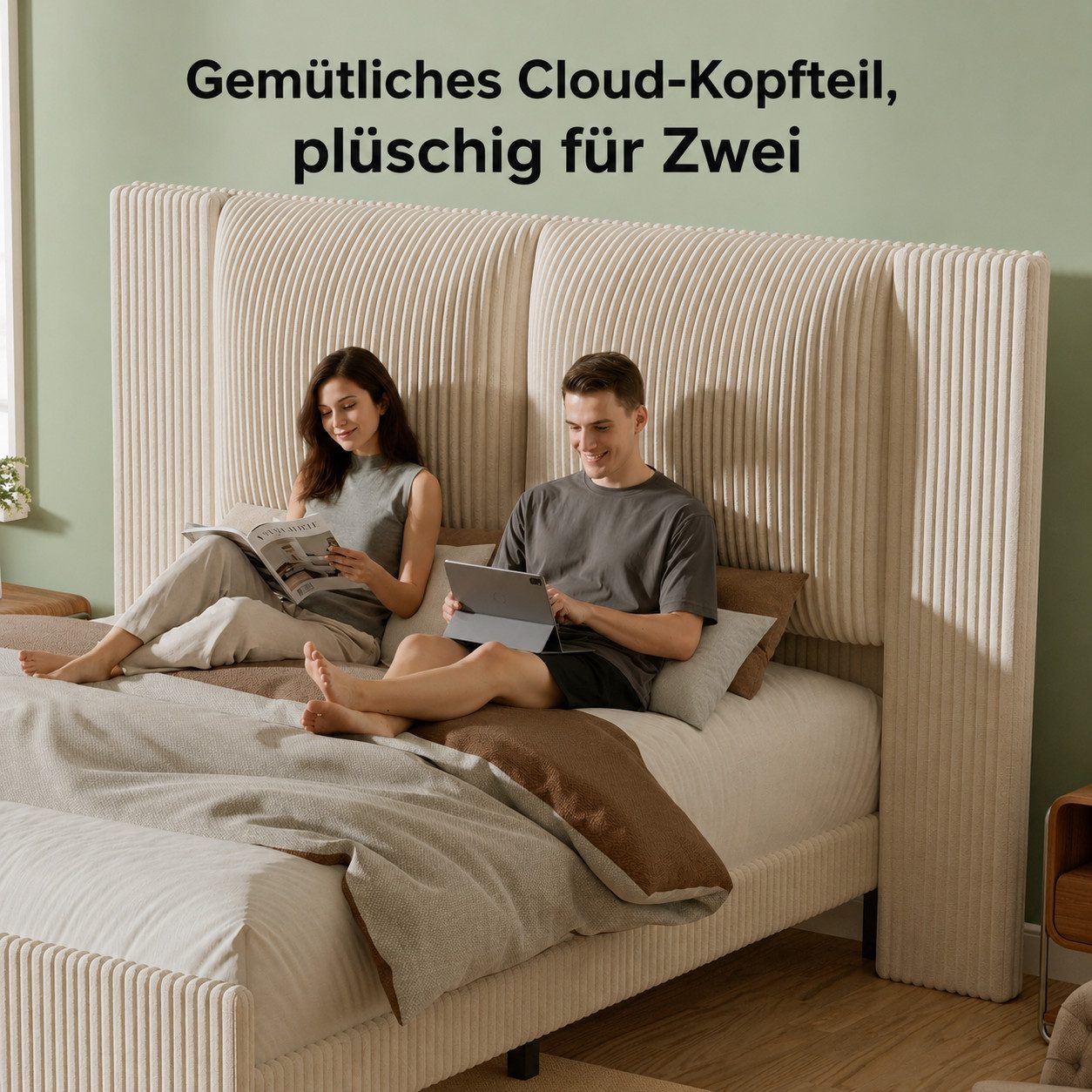 Patbrela Polsterbett mit 130 cm hohem Wingback-Kopfteil, breiten Cordstoff-Kissen, für Matratzen 140x200cm/160x200cm – Bild 3 von 5