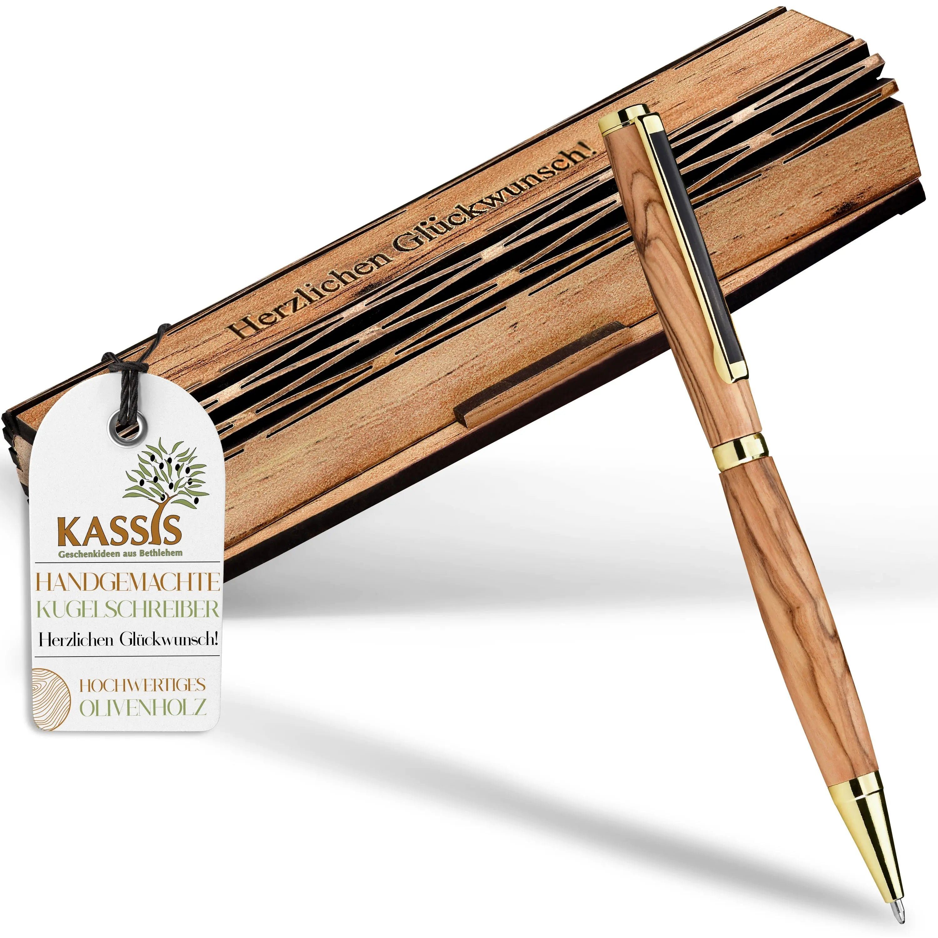 Kassis Dekoobjekt Kugelschreiber in Naturprodukt, handgemacht, Gravur "Herzlichen Olivenholzdeko, aus Bethlehem Glückwünsch", mit Holzschachtel