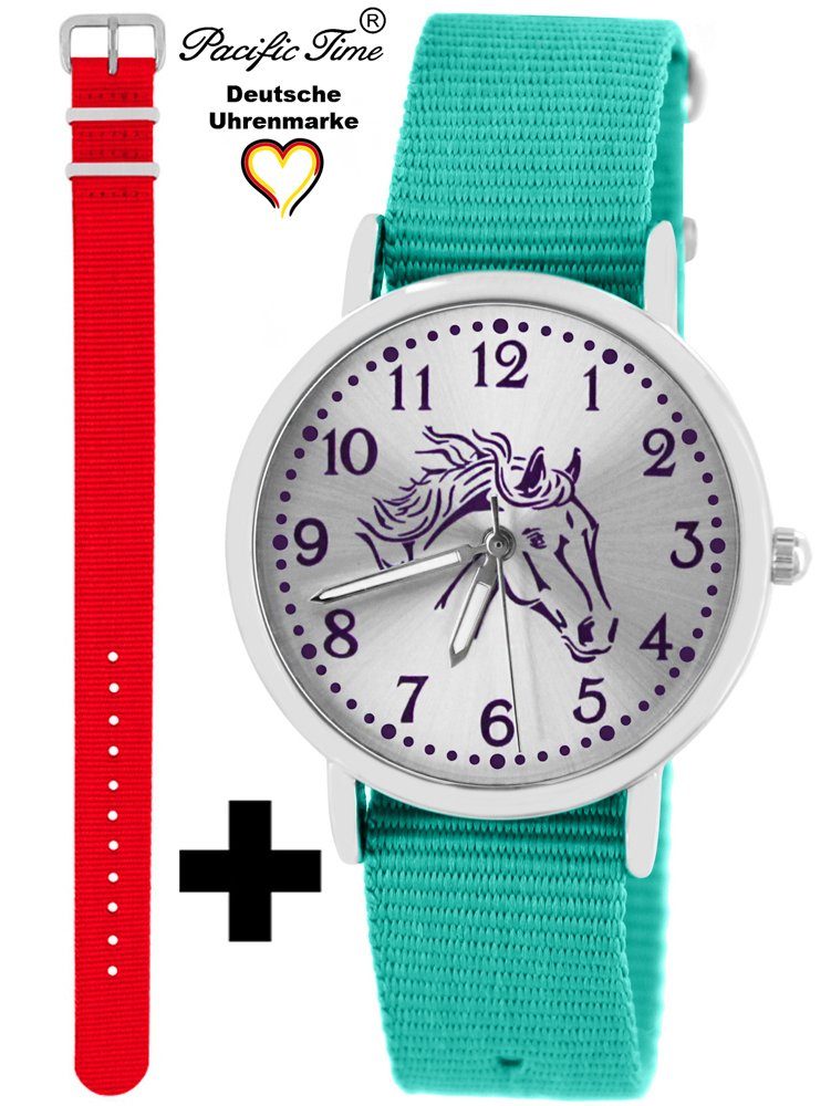 und Pacific und Gratis Kinder Armbanduhr rot Wechselarmband, Design Mix türkis Versand Pferd Quarzuhr Set - Time violett Match