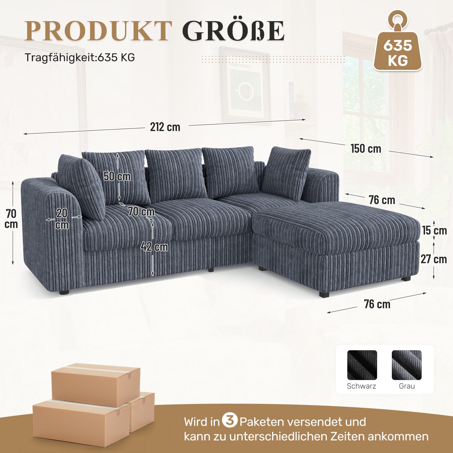 HawthyHome Ecksofa mit Hocker & 5 Zierkissen Federkern, Moderne L-Form Sofa günstig online kaufen