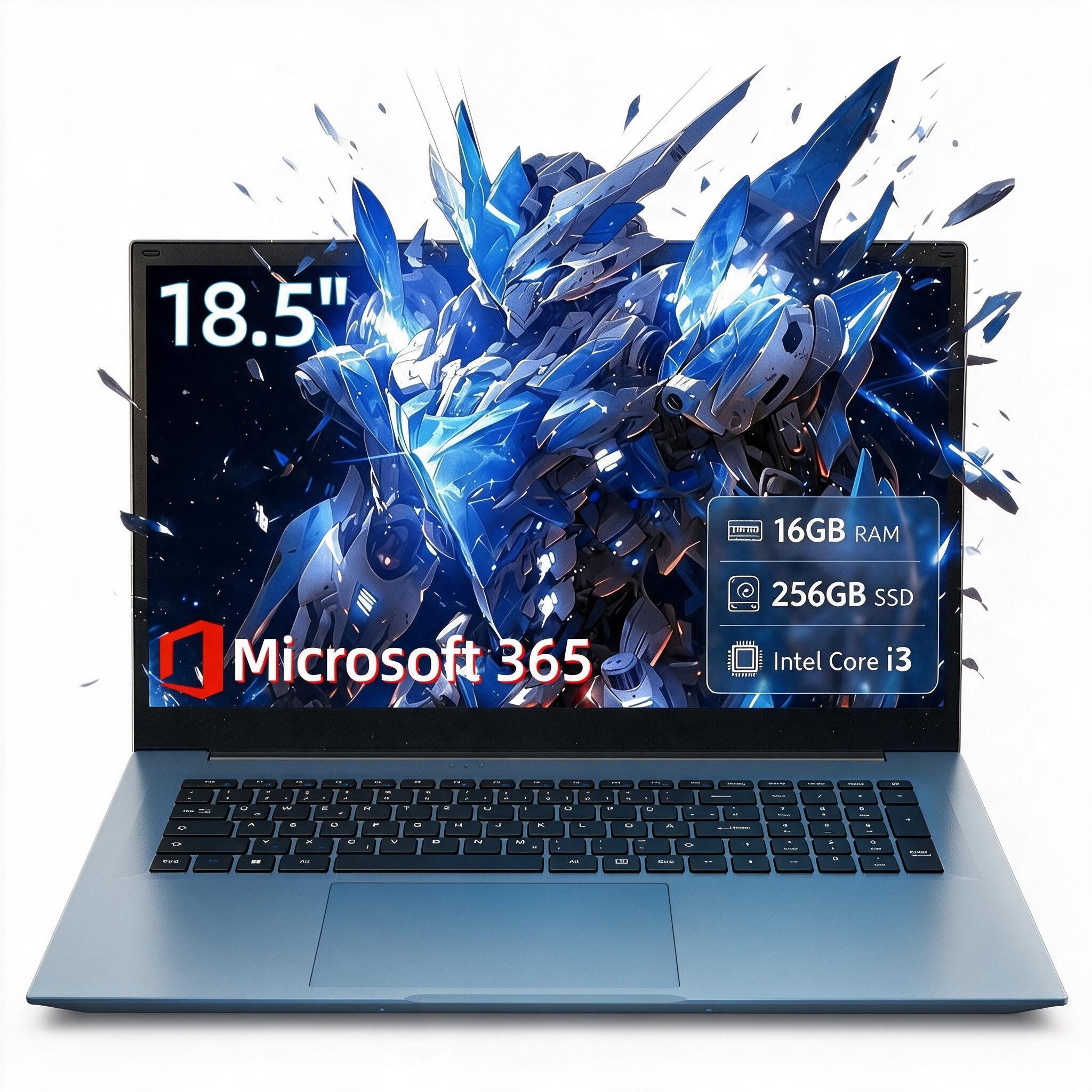 MENGHU 18,5″ Laptop, Intel i3, 16GB RAM, 256GB SSD erweiterbar, Microsoft 365 Notebook (Intel® Core™ i3‑10100Y, Intel® UHD Graphics 615, 16 GB, 256 GB SSD)