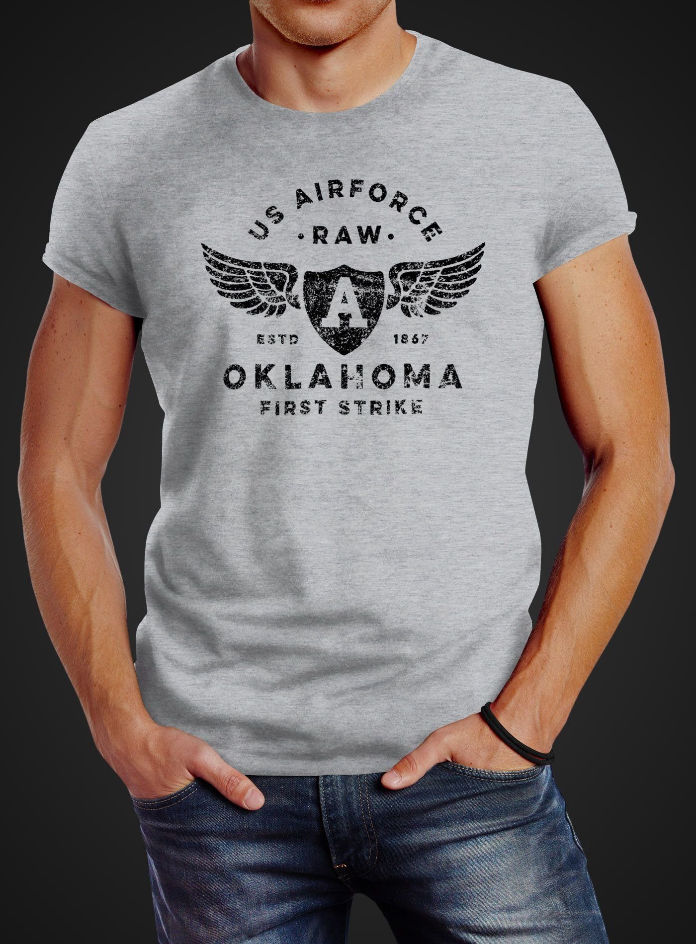 Neverless Print-Shirt Herren T-Shirt Print US Airforce Oklahoma Aviator Vin günstig online kaufen