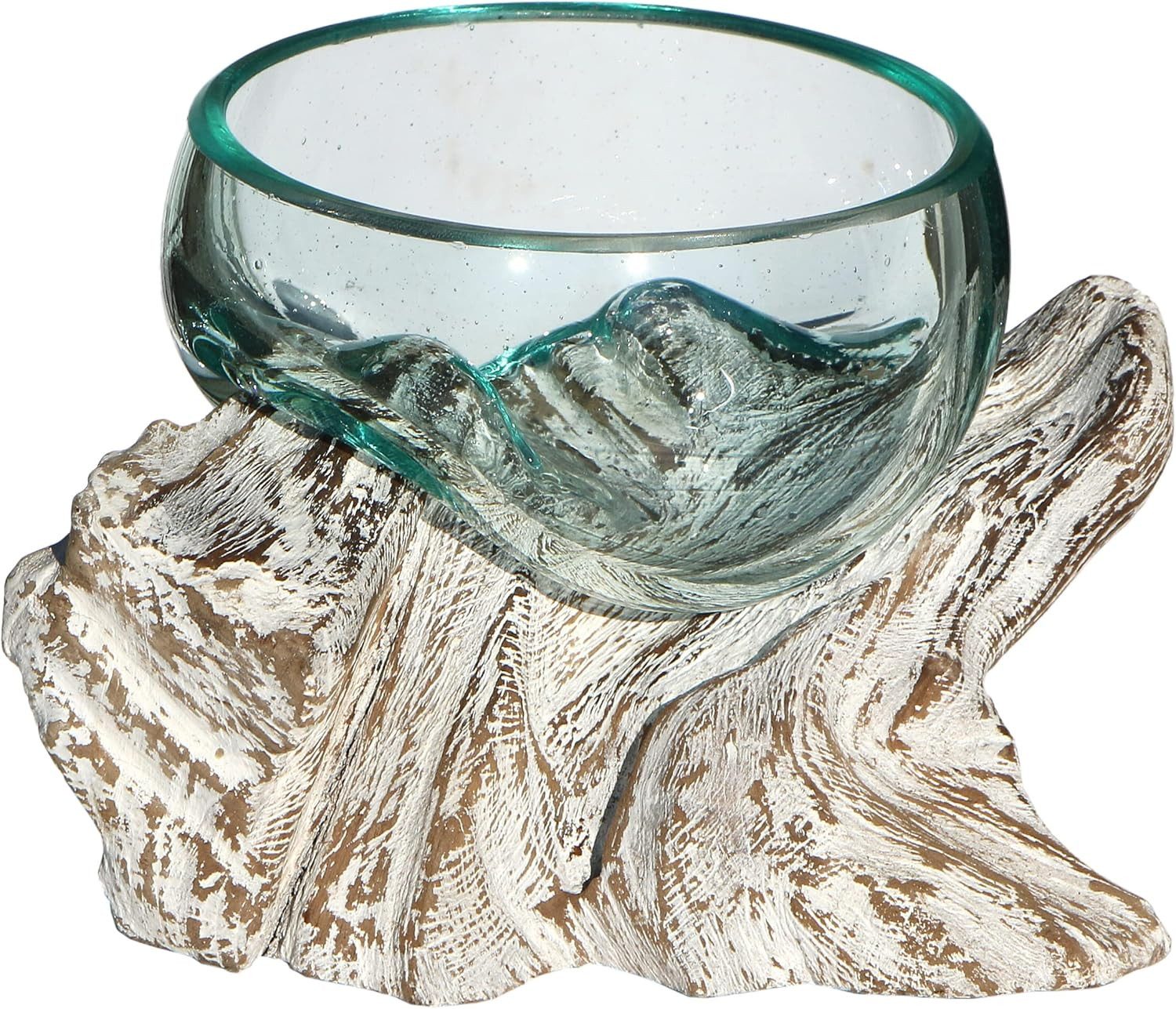 Dekoschale Glas-Schale auf weißem Wurzelholz Teakholz Gamal Vase