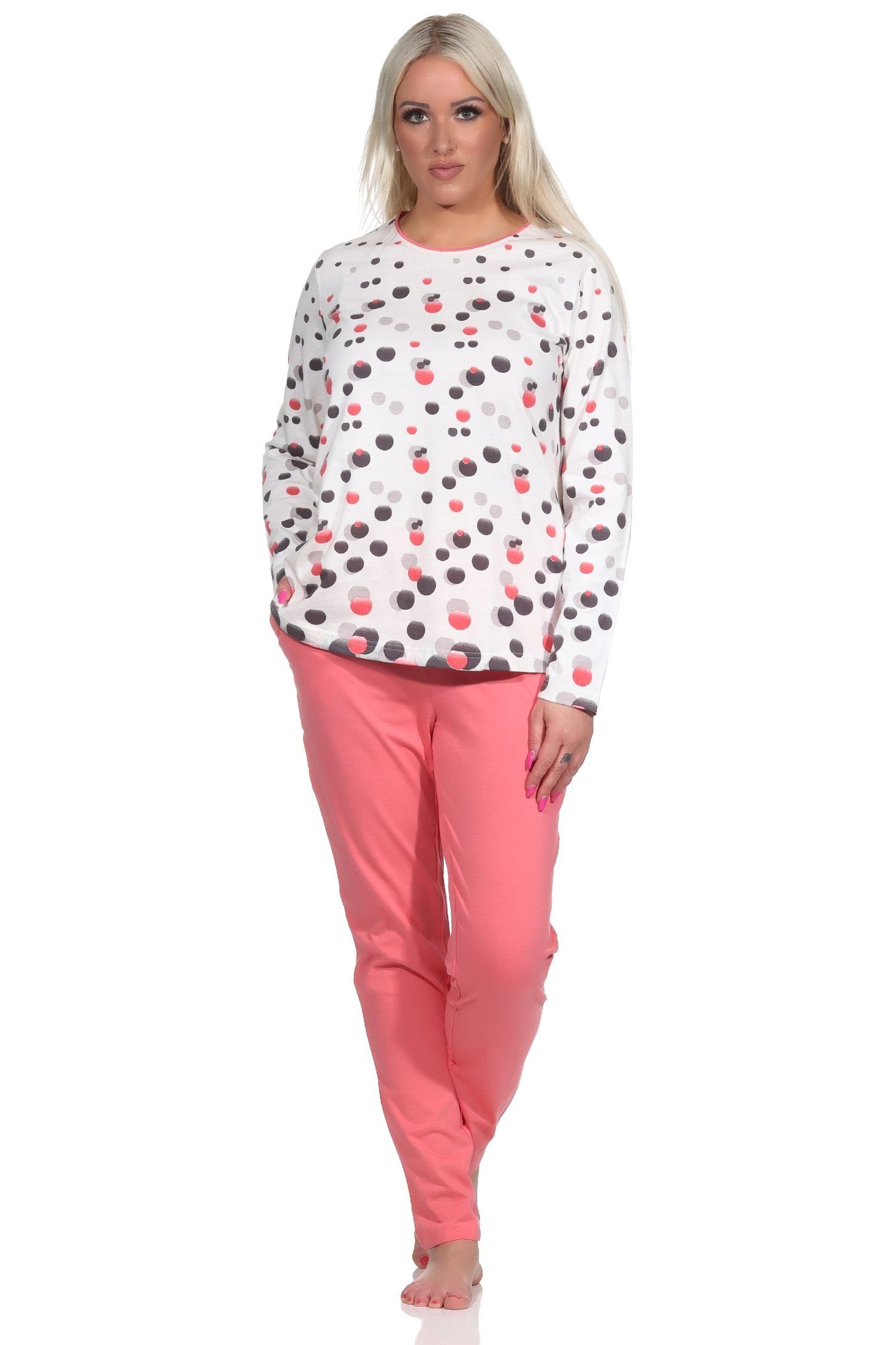 Pyjama Optik Übergrösse auch in Schlafanzug langarm - Damen Normann in apricot Tupfen-Punkte