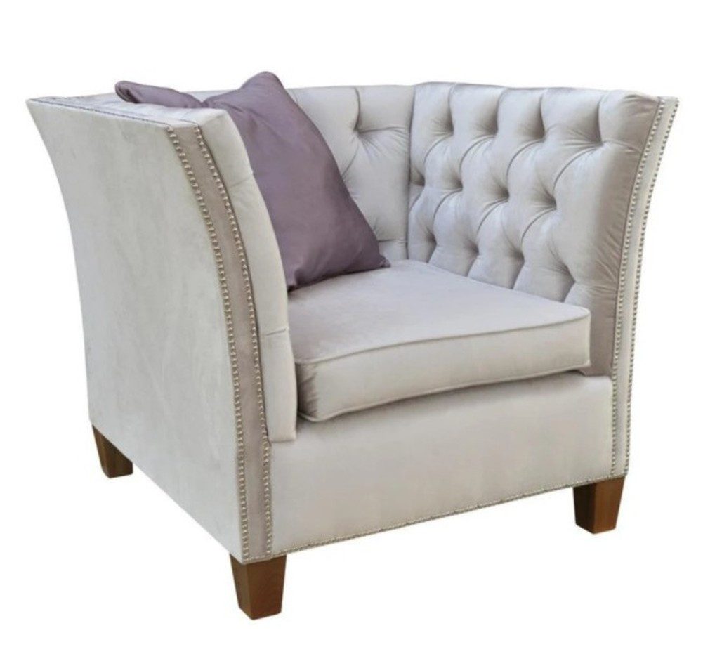 JVmoebel Chesterfield-Sessel Hellgrauer Stoff-Sessel mit Wellenunterfederung und Holzfüßen (Packung, Relaxsessel), Made in Europa