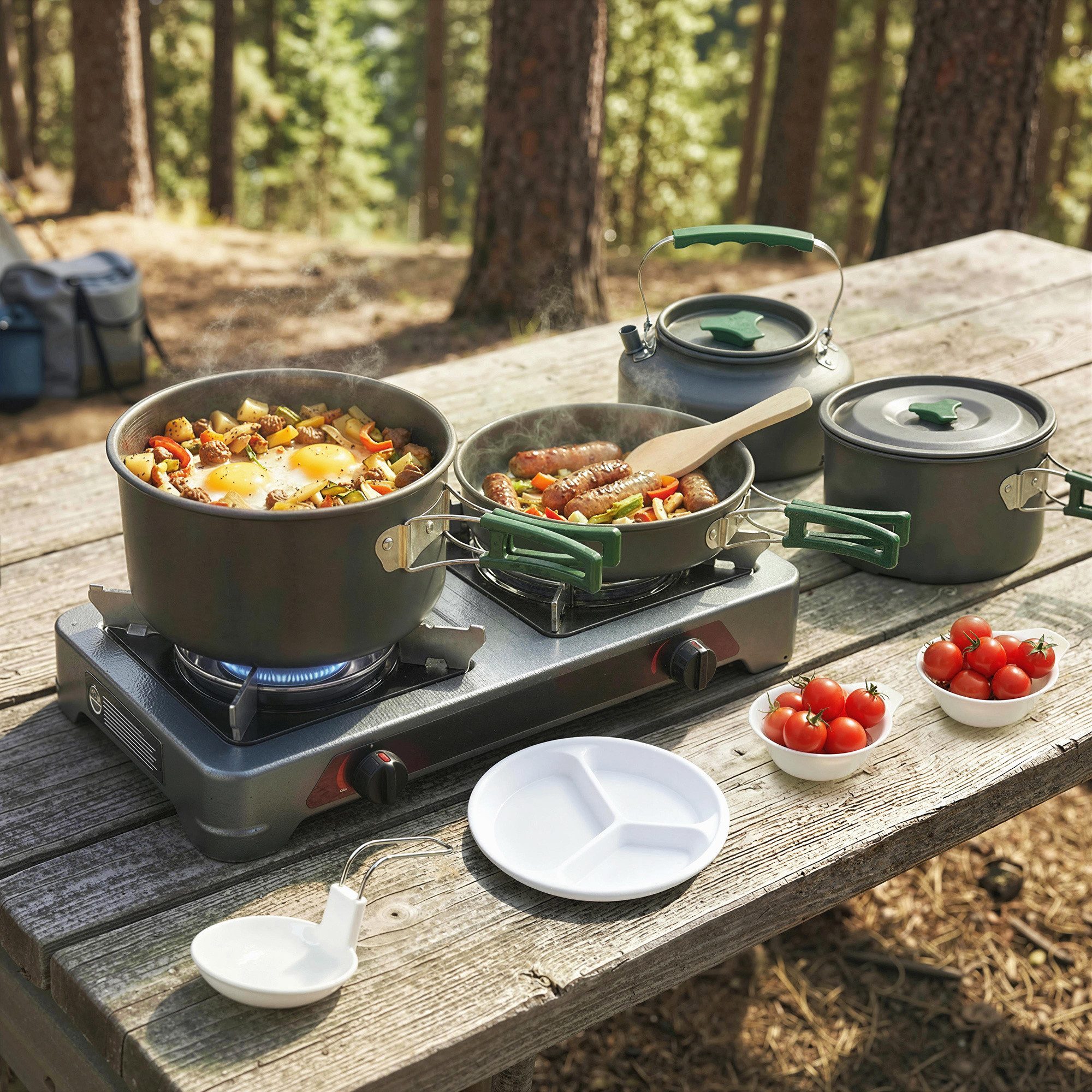 Outsunny Geschirr-Set Camping Kochgeschirr Set mit Anti-Verbrühungsgriffen Topf Pfanne (15-tlg), 5 Personen, Aluminium, Edelstahl, für Outdoor Wandern Picknick BBQ Grau