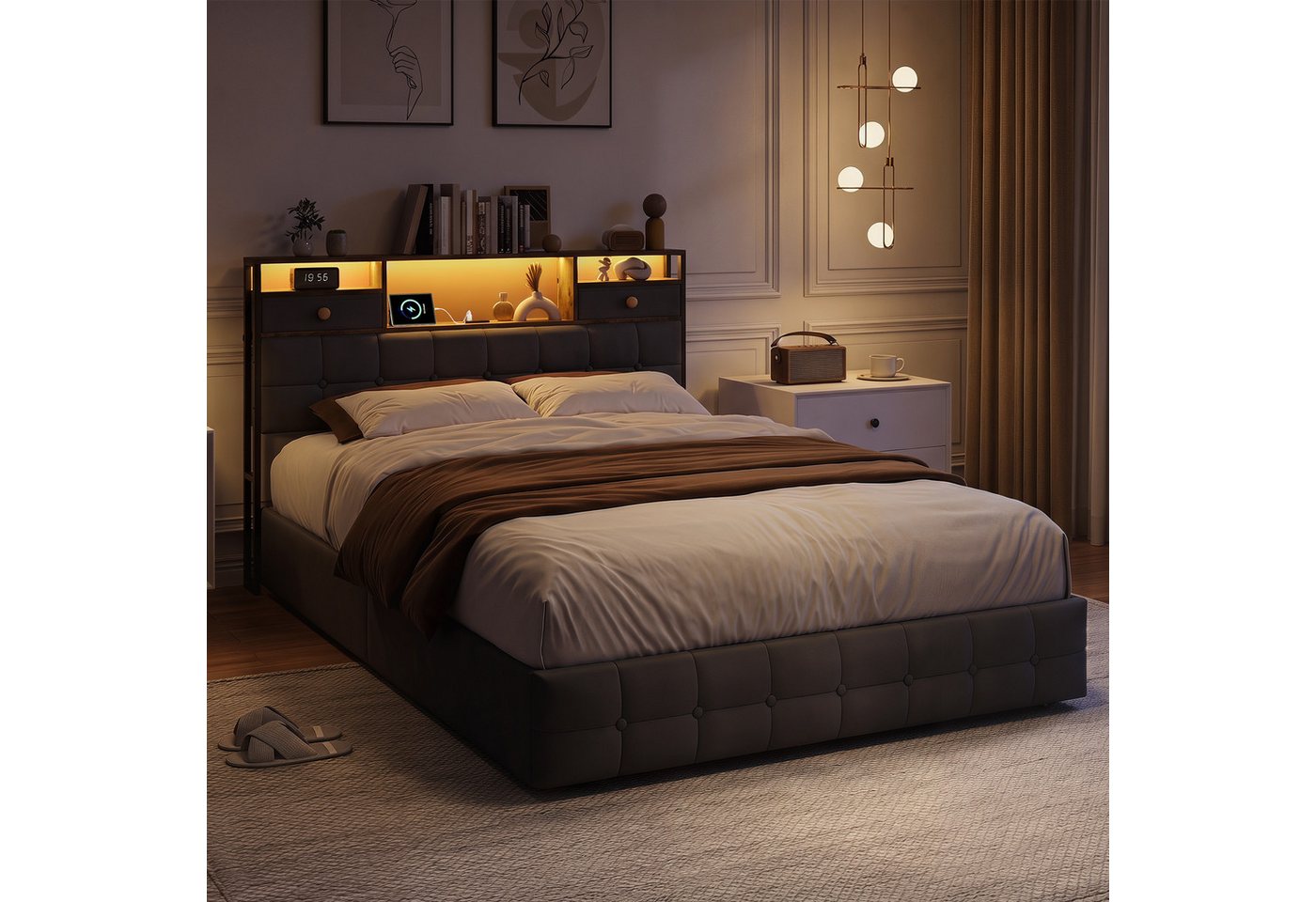 Furnishings Home Polsterbett LED Doppelbett Stauraumbett mit Bettkasten (Modernes mit Stauraumfunktion, 140x200 cm), mit Ladefunktion, mit Komforthöhe, Leises Design Bett