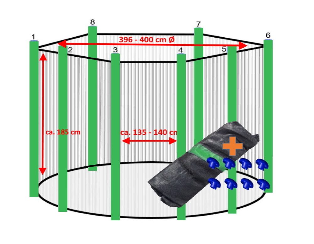 walexo Gartentrampolin Trampolin Sicherheitsnetz für 8 Stangensysteme (farbig), Ø 396 cm