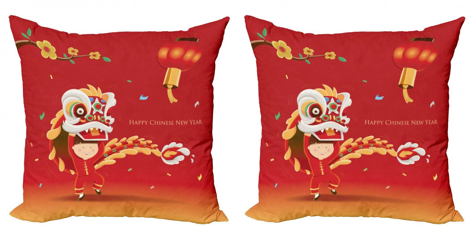 Kissenbezüge Modern Accent Doppelseitiger Digitaldruck, Abakuhaus (2 Stück), Chinesisch Little Boy-Löwe-Tanz