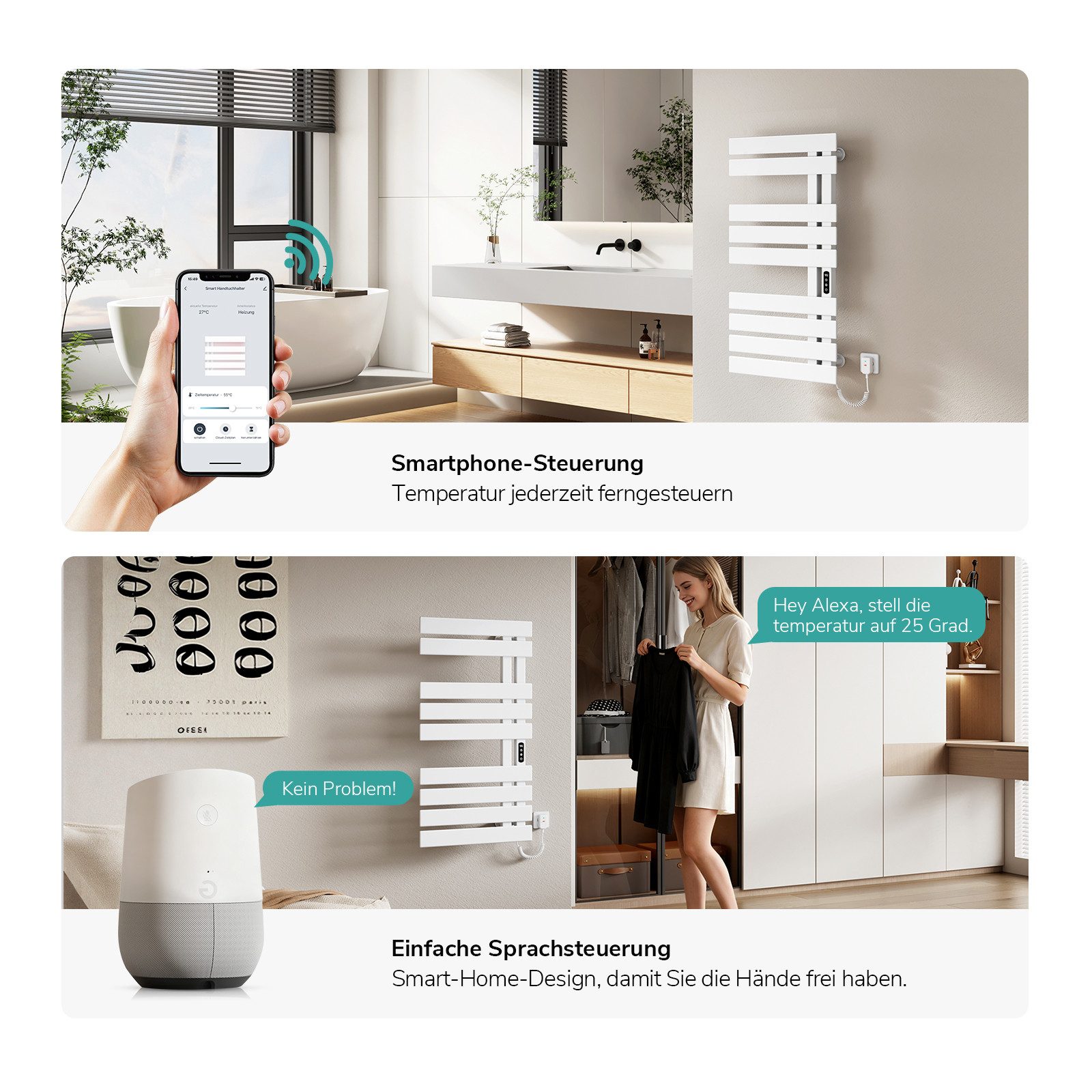 EMKE Elektrischer Badheizkörper Handtuchtrockner mit Smart Thermostat WLAN-/App-Steuerung Timer, Handtuchtrockner Flach Badheizkörper Links 100×50 cm Weiß – Bild 5 von 5