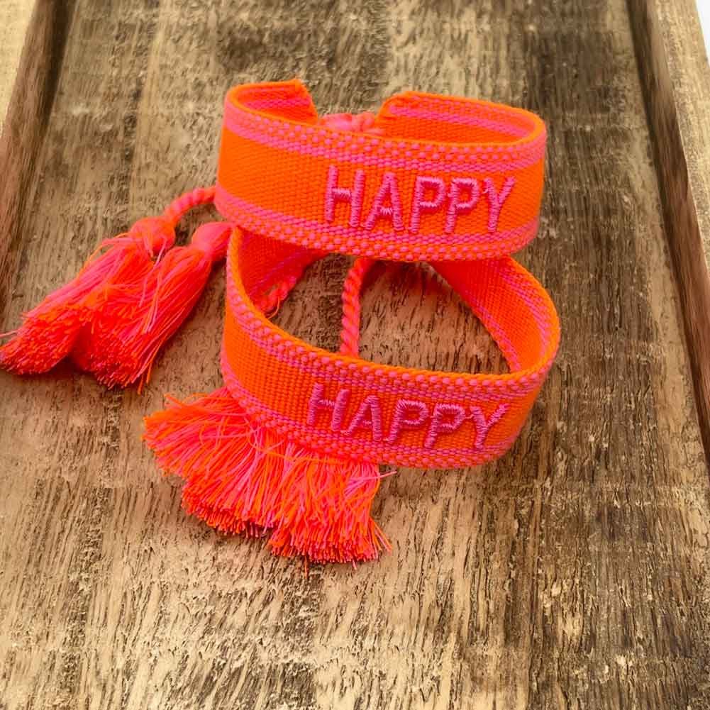 LS-LebenStil Armband Canvas Statement Armband Happy Neon Orange Pink Quasten bestickt (Baumwollarmband Webarmband Armbandliebe Freundschaftsarmband Freundschaftsband Partnerarmband, 1-tlg., textil geflochten gewebt - hochwertiger gestickter Spruch), perfekt als Serviettenring – personalisiert auch für Hochzeiten usw