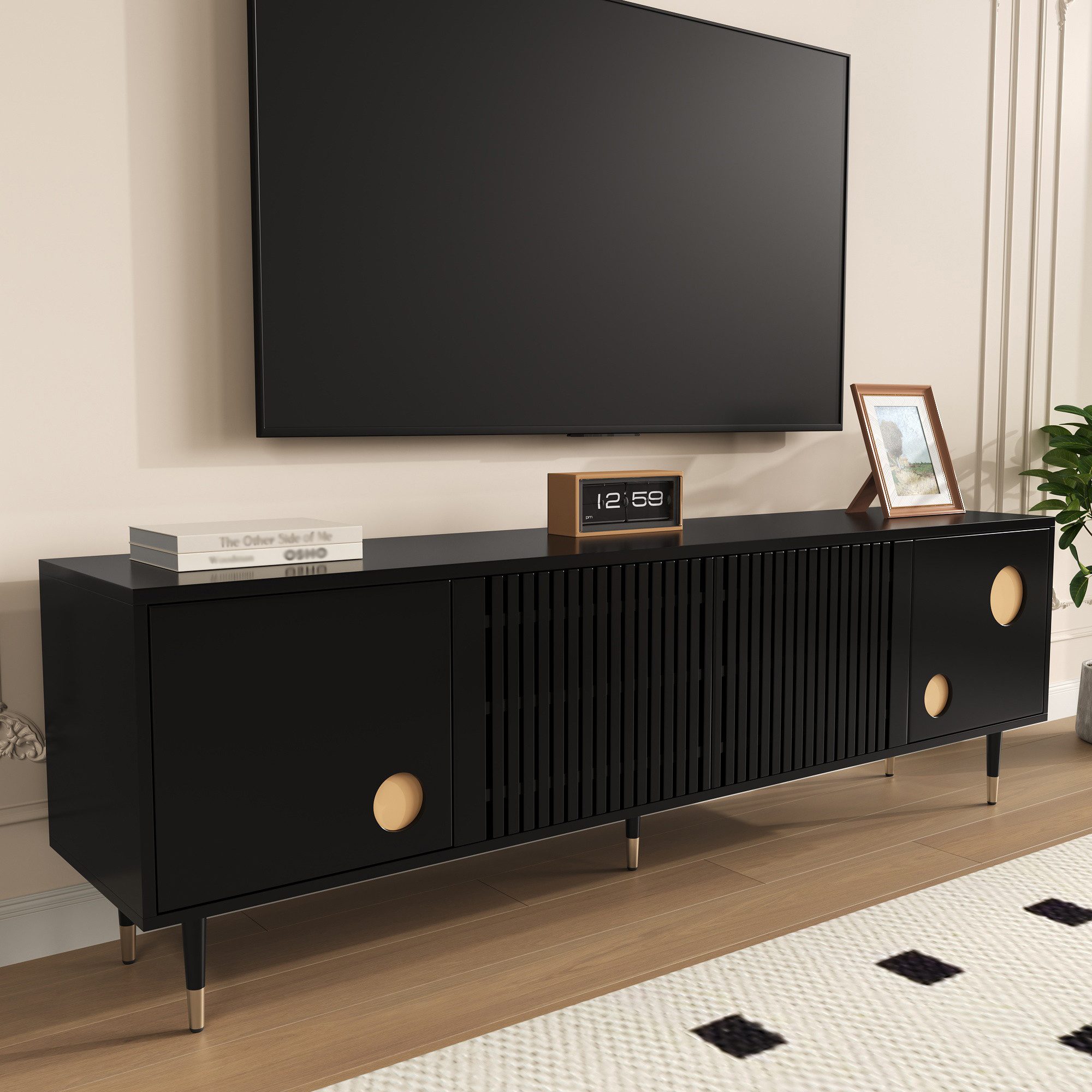 Merax Lowboard mit Goldakzenten (1 St., 170 L x 36 B x 54 H(cm), TV-Schrank mit 4 Türen,Kippschutz,Stauraum & verstellbare Metallfüße
