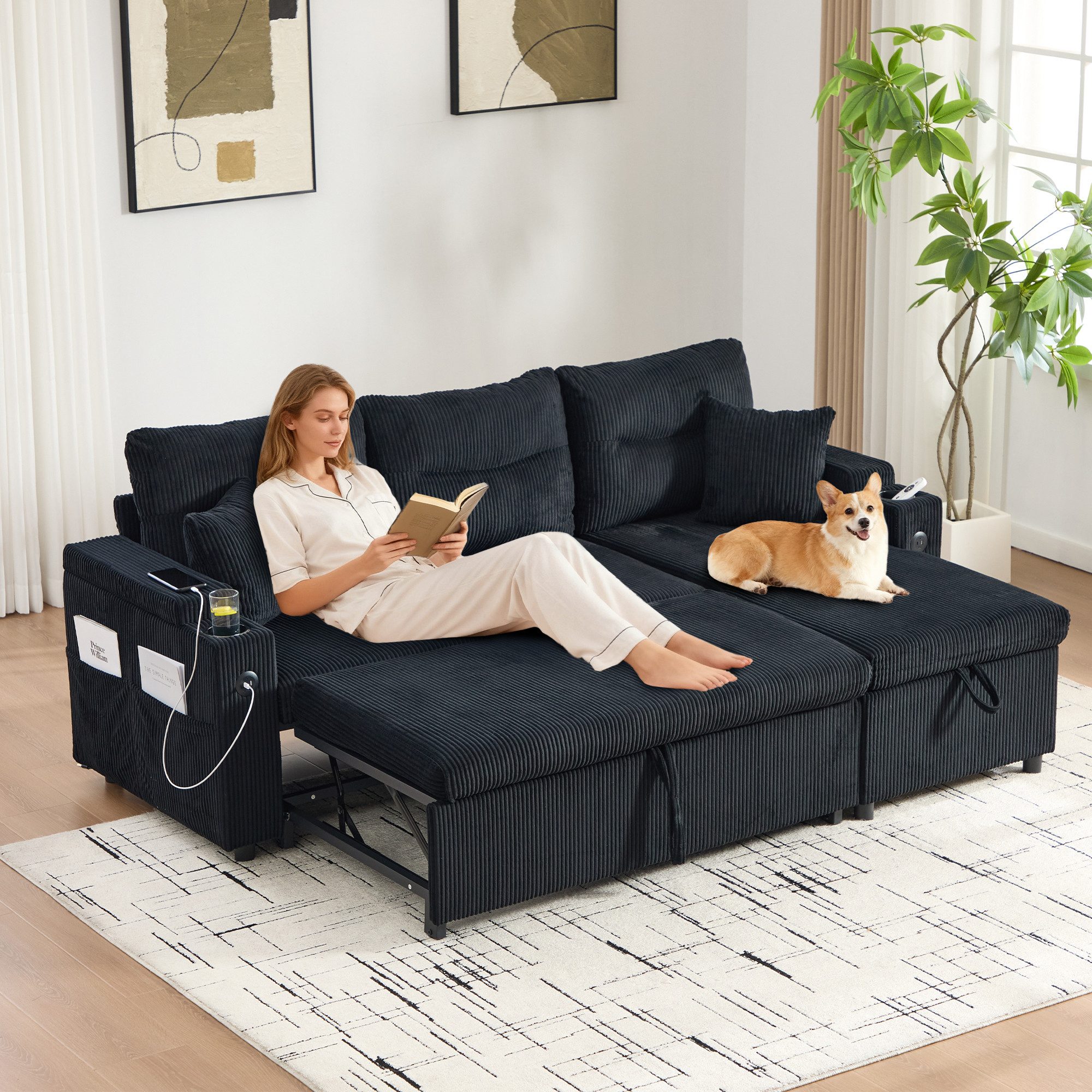 i@home Schlafsofa Modernes 3-Sitzer-Sofa mit Stauraum & Schubladenbett, Hydraulische Chaiselongue, USB-C-Ladestation, Becherhalter