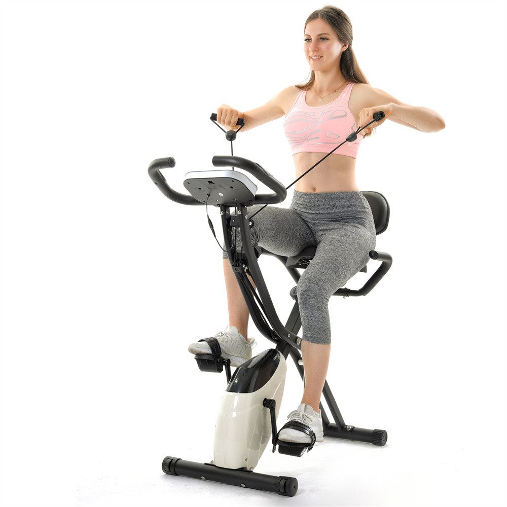 XDeer Heimtrainer magnetische faltbares Fitnessfahrrad, Heimtrainer für Cardio, Workout Indoor Cycling Traningscomputur Expanderbänder