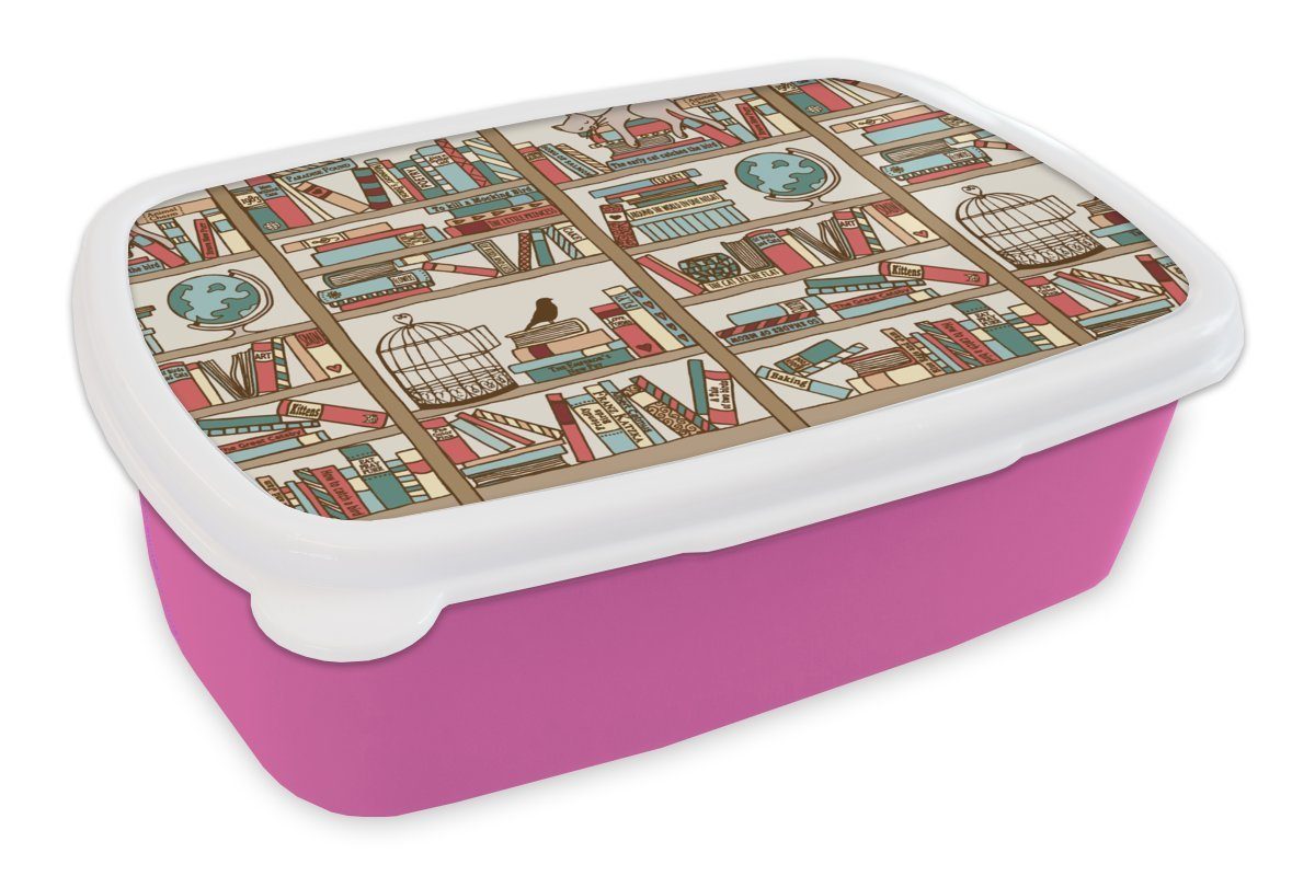 MuchoWow Lunchbox Katze - Buch - Schrank - Jungen - Mädchen - Kinder - Kind, Kunststoff, (2-tlg), Brotbox für Erwachsene, Brotdose Kinder, Snackbox, Mädchen, Kunststoff rosa