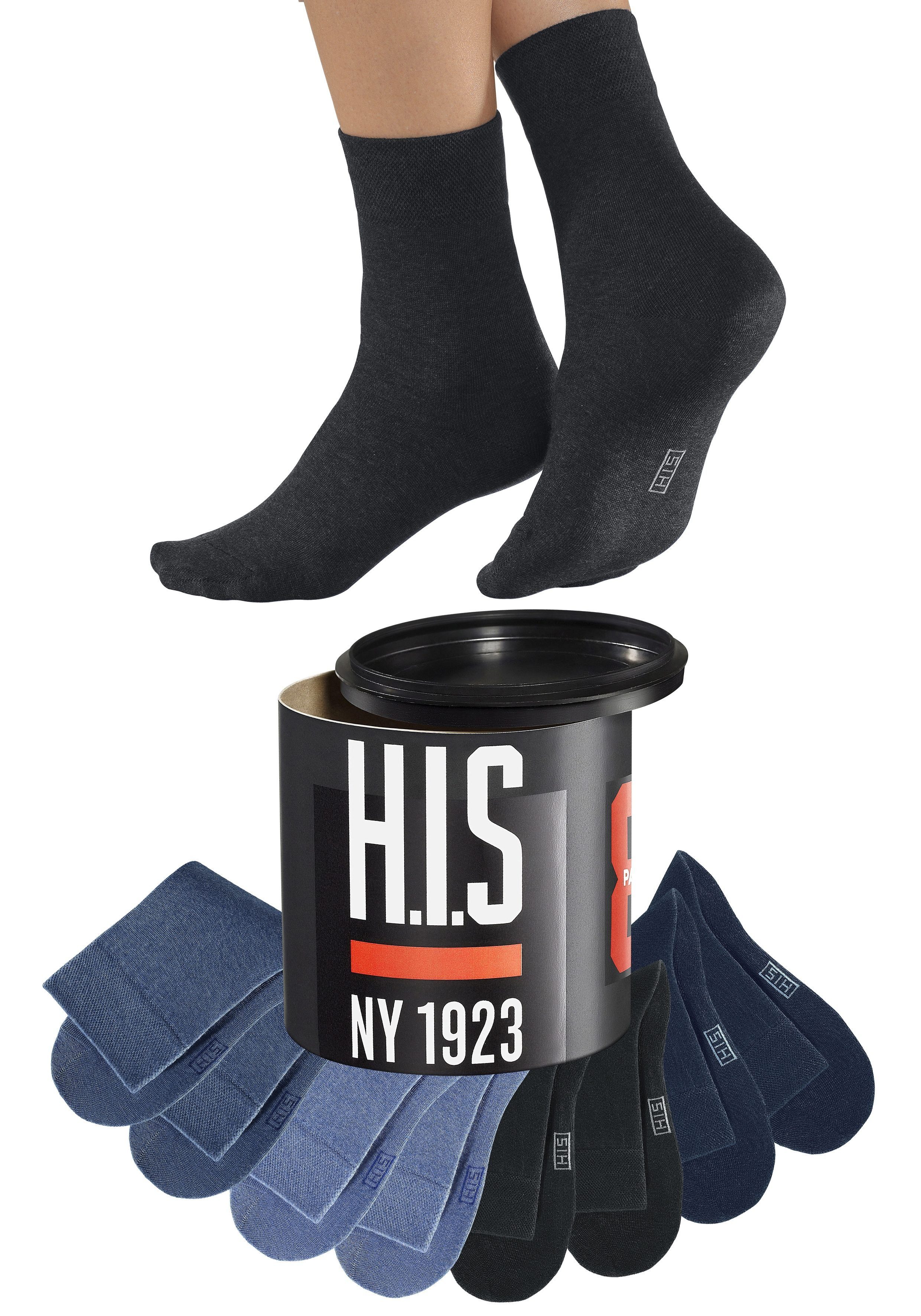 H.I.S Socken Basic Damen & Herren Baumwollsocken, Business & Freizeit (Dose, 8-Paar, in der Geschenkdose) Ferse und Spitze verstärkt
