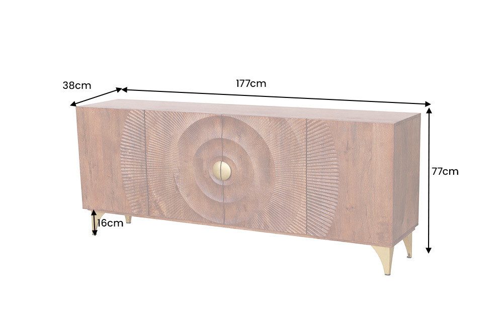 riess-ambiente Sideboard GOLDEN SUNSET 180cm braun/gold - Mango-Massivholz, Metall (Einzelartikel, 1 St), Extravagante Kommode m. 3D-Schnitzereien - ideal f. Wohnzimmer & Flur