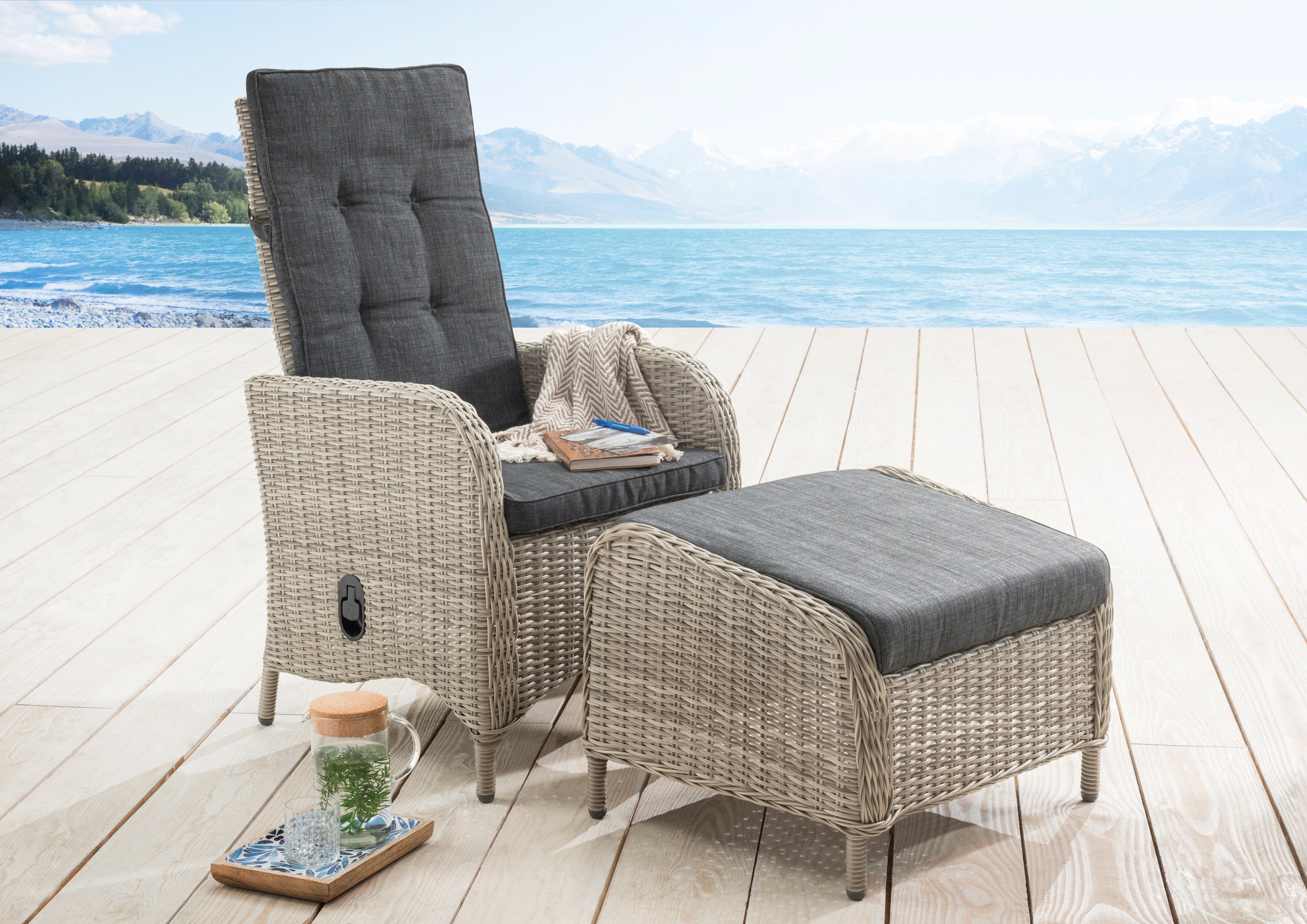 Sessel vintageweiß Auflagen Polyrattan, Fußhocker PALMA (Set), verstellbar Destiny + mit stufenlos CASA Hochlehner