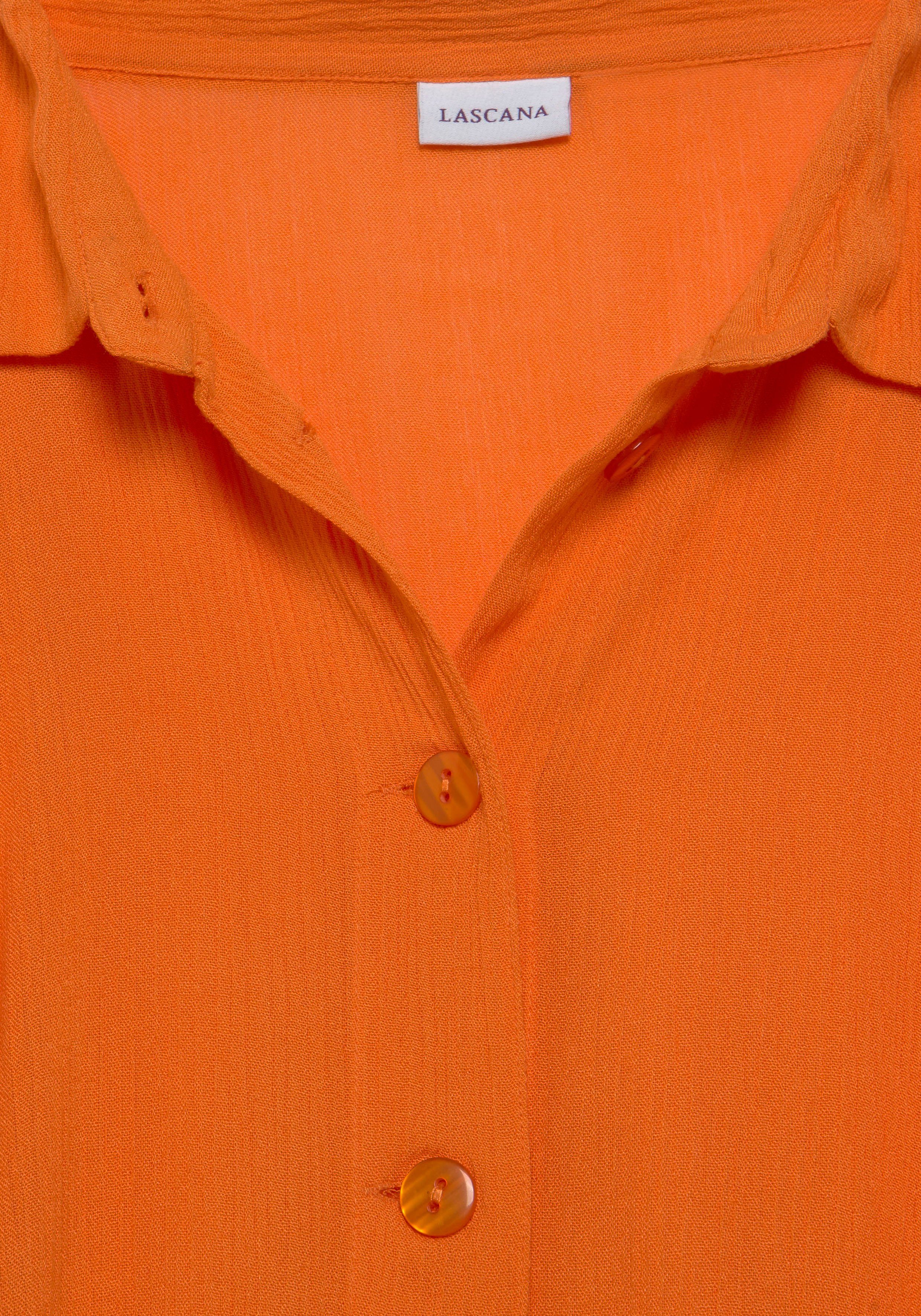 Kurzarmbluse, sommerlich Knopfleiste, mit orange LASCANA Blusenkleid, Longbluse