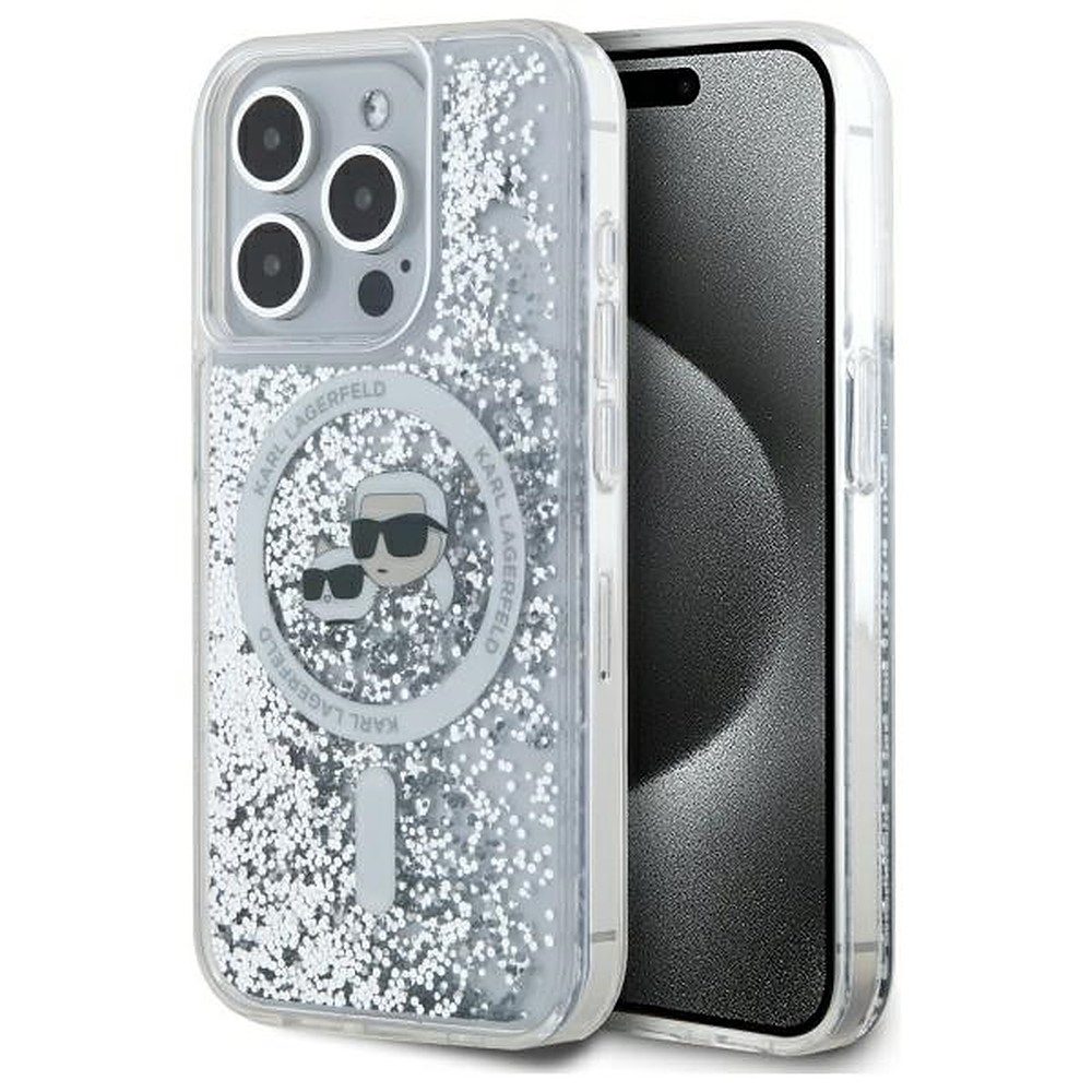 KARL LAGERFELD Handyhülle Schutzhülle Glitzerhülle Smartphonehülle 6,7 Zoll, MagSafe, Flüssigglitzer, erhöhte Ränder