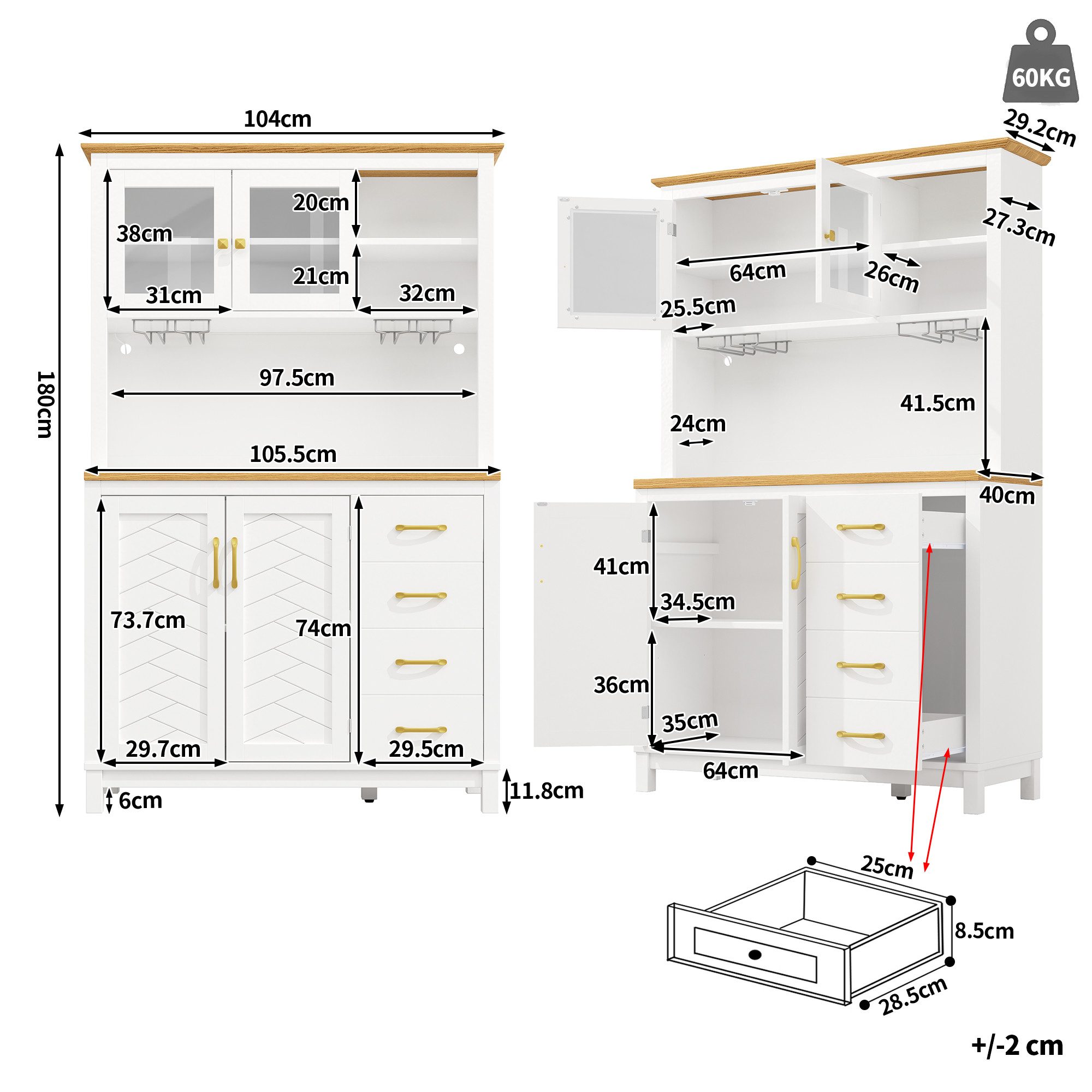 Celya Küchenbuffet Landhausstil mit LED und Getränkehalter (105.5x40x180cm, Mit 4 Türen und 2 Schubladen) für Küche, Esszimmer oder Wohnzimmer