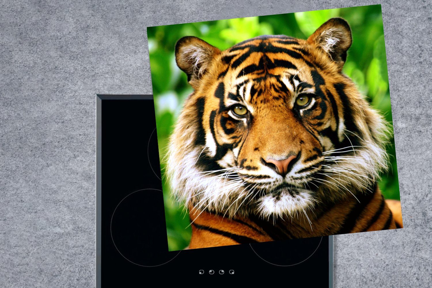 Vinyl, tlg), eines Dschungel, Porträt Ceranfeldabdeckung, Sumatra-Tigers Arbeitsplatte küche Herdblende-/Abdeckplatte MuchoWow (1 für im 78x78 cm,