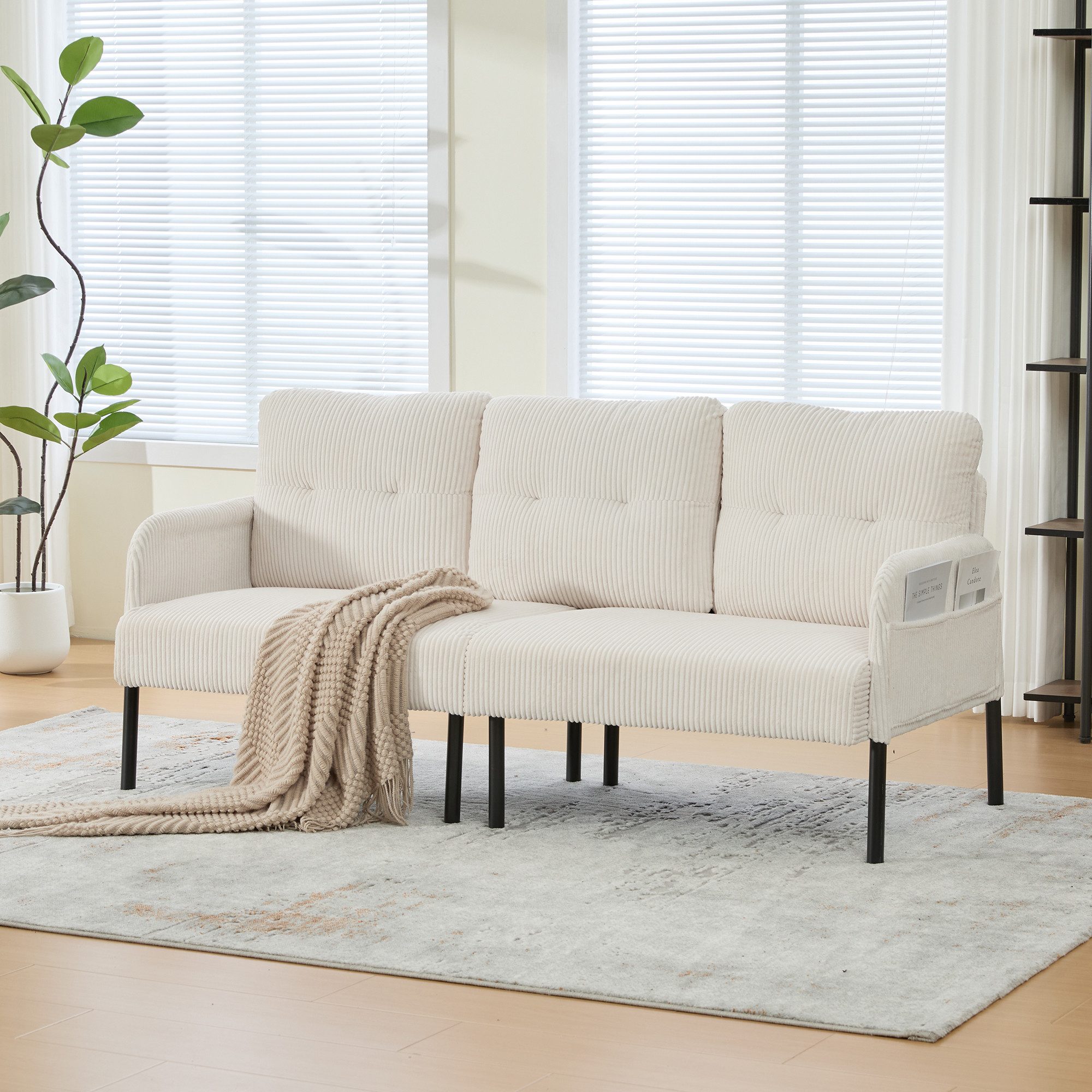 STILVORA Loungesofa Dreisitzer Cordsofa mit hoher Rückenlehne und Seitentaschen Beige, Relaxsofa mit Stabile Metallfüße und robuste Konstruktion, Tiefe und breite Sitzfläche