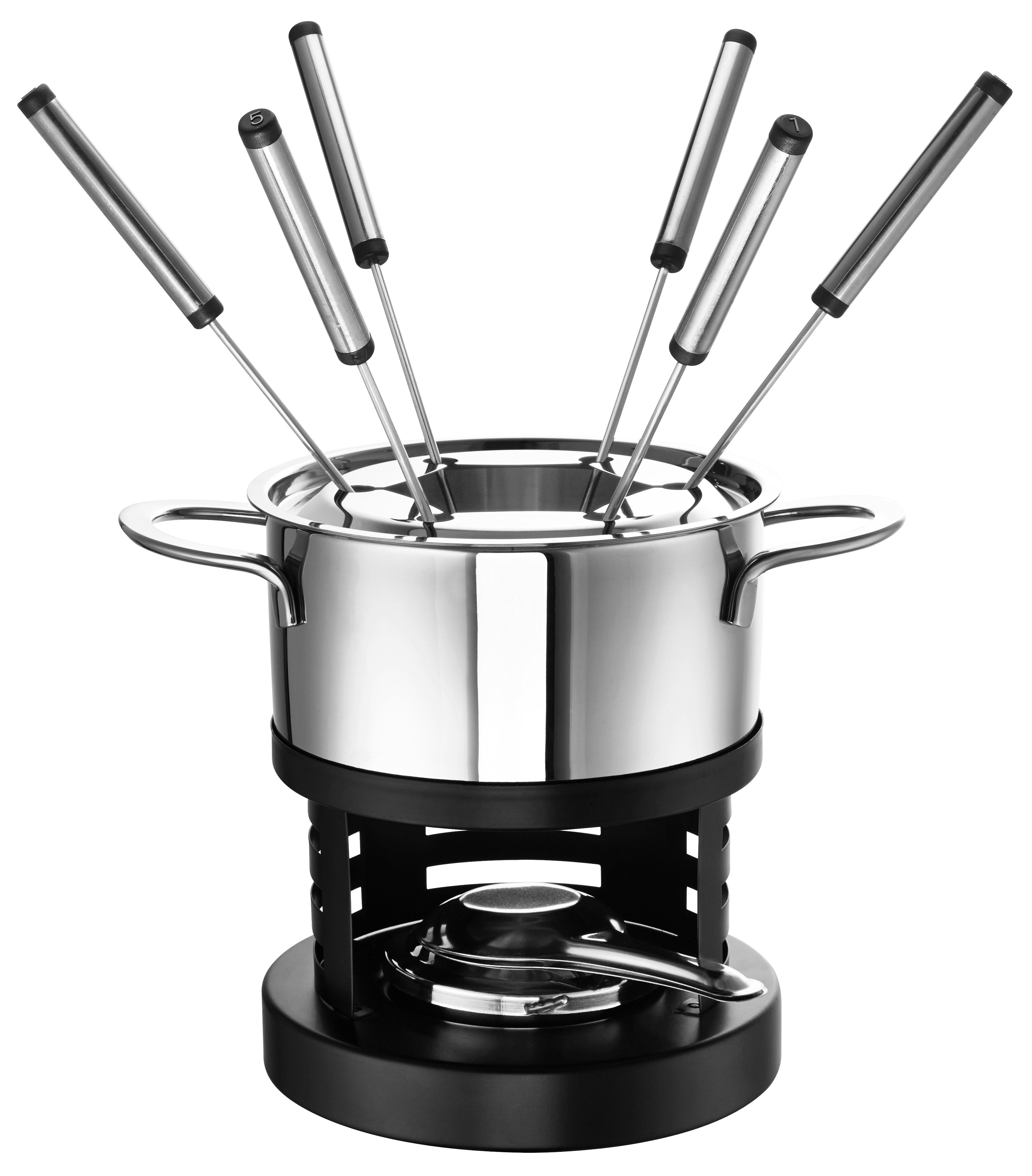 ROHE Germany Fonduetopf Fondue Fabio, Edelstahl 18/10 (Set, Fonduetopf, Spritzschutz, Sicherheitspastenbrenner, 6 Einlegegabeln), Induktionsgeeignet, 6 Fonduegabeln mit Ziffern