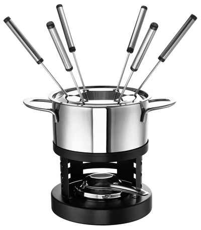 ROHE Germany Fonduetopf Fondue Fabio, Edelstahl 18/10 (Set, Fonduetopf, Spritzschutz, Sicherheitspastenbrenner, 6 Einlegegabeln), Induktionsgeeignet, 6 Fonduegabeln mit Ziffern